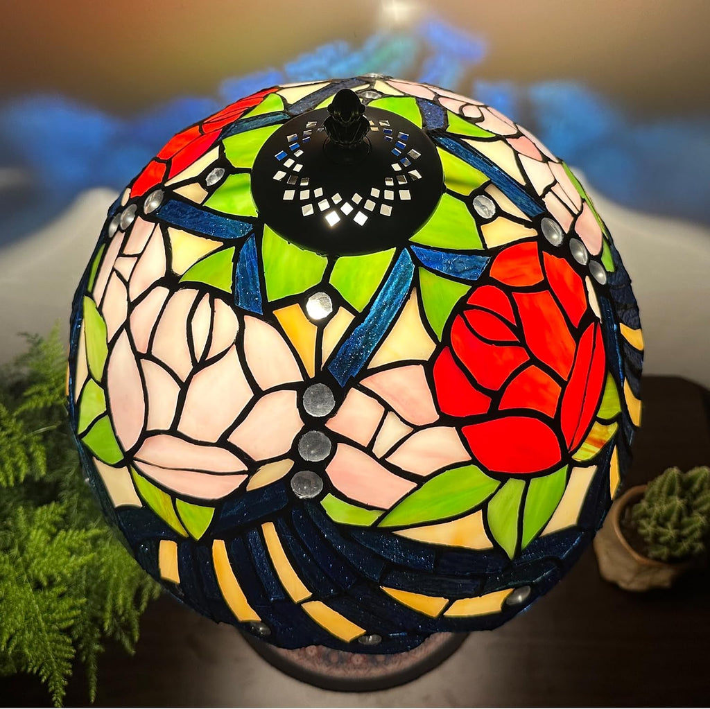 Tiffany Lamp Stained Glass Style Table Lamp Rose Style Bedside Desk Reading Light W12H19 Inch Metal Leaf Base with Metal Leaf Base