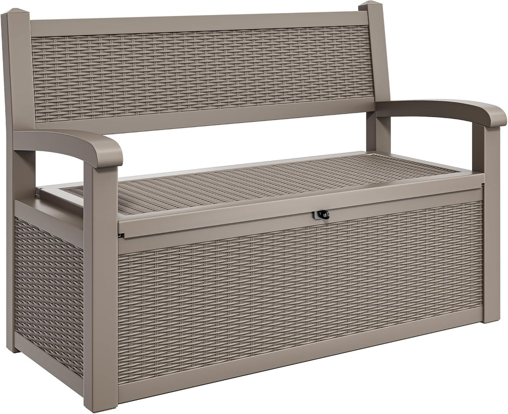 YITAHOME 80 Gallon Storage Bench Deck Box, Lockable Patio Bench, Waterproof Outdoor Pool Deck Storage for Patio Cushions, Garden Tools and Pool Supplies, Light Brown