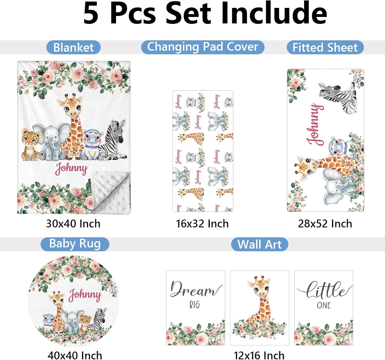 KAINSY Custom 5-Piece Baby Crib Bedding Set, Personalized Name for Kid Toddler, Animal Nursery for Boy Girl, Double Layer, Customized Gift for Infant