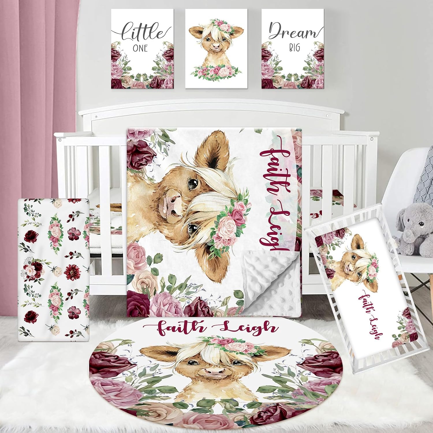 Dyoart Personalized Crib Bedding Set - 5 Piece Custom Baby Crib Set with Name, Double Layer Nursery Bedding Set for Girls, Highland Cow Baby Bedding Set, Gift for Toddler Infant New Parents