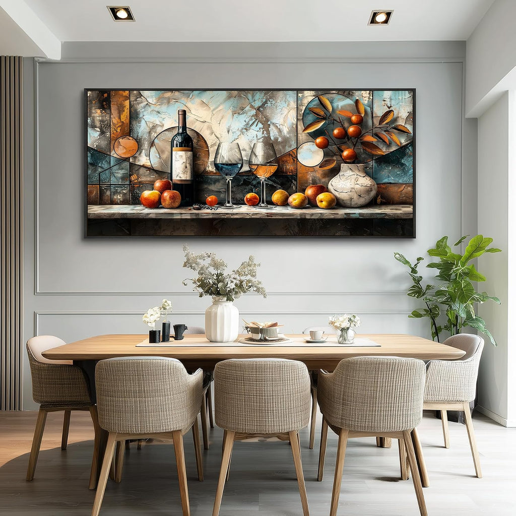 XIGUANGART Kitchen Pictures Wall Decor,Extra Large Framed Wall Art,Fruit Harvest Still Life Wall Art For Dining Room Vintage Picture Artwork Wine Glass Painting Pub Living Room Home Decor 32x72 In