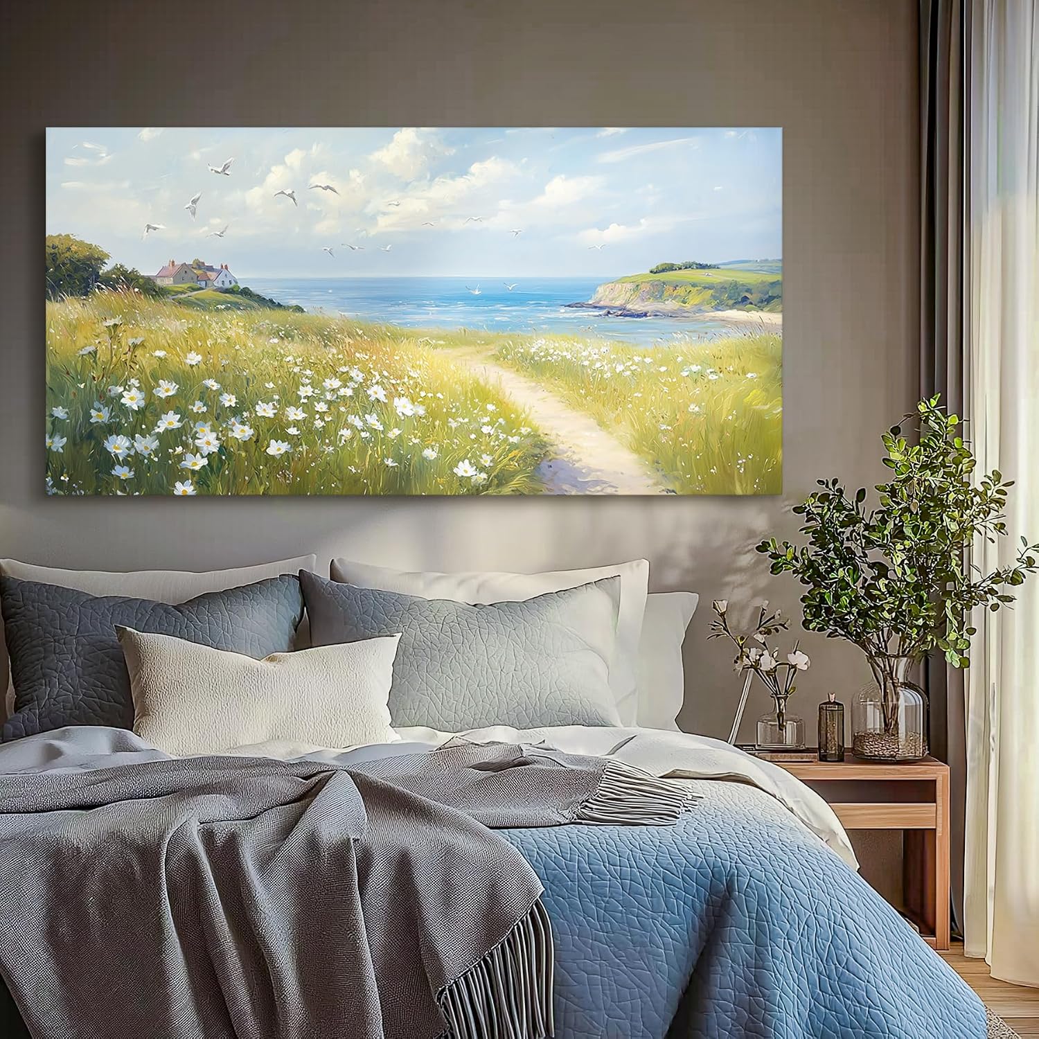SERIMINO Seaside Nature Large Wall Art, Coastal Landscape Big Canvas Prints, Meadow Wildflowers Pictures Wall Decor, Sunny Scenery Home Decorations for Living Room Bedroom Farmhouse Cottage 29'X57'