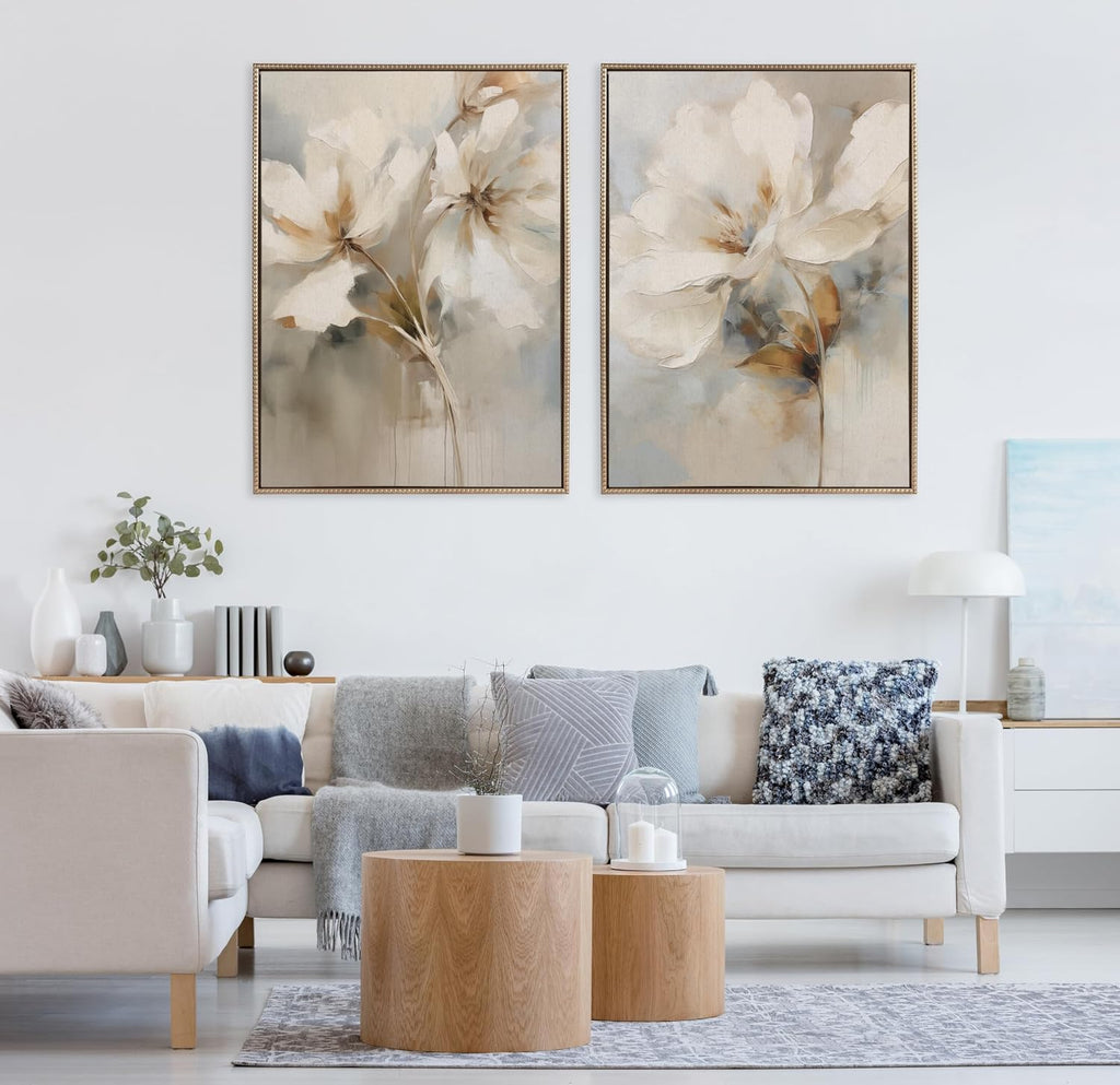 Kate and Laurel Sylvie Beaded Abstract Botanical Floral Linen Painting 1 and 2 Vintage Framed Canvas Wall Art Set by The Creative Bunch Studio, 2 Piece Set 28x38 Beaded Gold