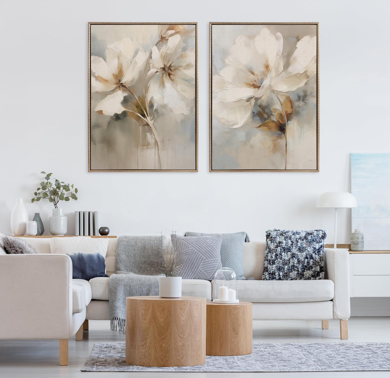 Kate and Laurel Sylvie Beaded Abstract Botanical Floral Linen Painting 1 and 2 Vintage Framed Canvas Wall Art Set by The Creative Bunch Studio, 2 Piece Set 28x38 Beaded Gold