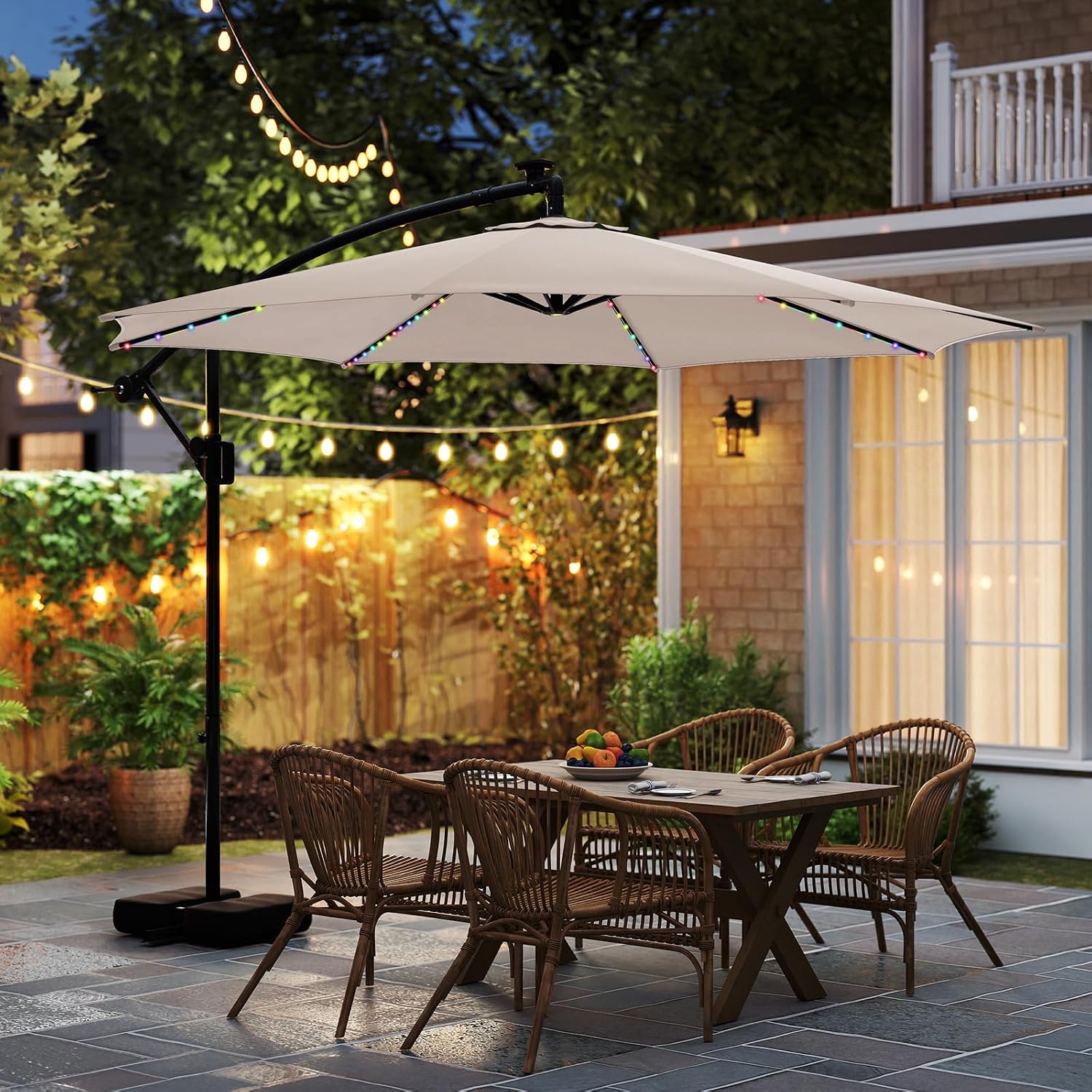 Tangkula 10 FT Solar Patio Umbrella with Base Included, Cantilever Offset Hanging Outdoor Umbrella with 96 Multi-Colored Flowing LED Lights, 9 Modes, Tilt Adjustment, 360° Rotation, Crank for Pool Yard Deck Lawn (Beige)