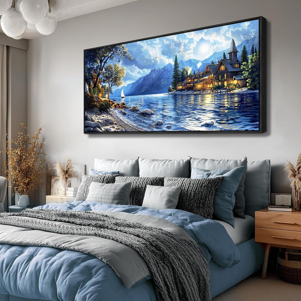 XIGUANGART Coastal Wall Art Blue Ocean Picture Mountain Wall Decor Lake Beside Countryside Large Canvas Print Art for Living Room Bedroom Home Office Forest Scenery Painting Decoration Framed Artwork