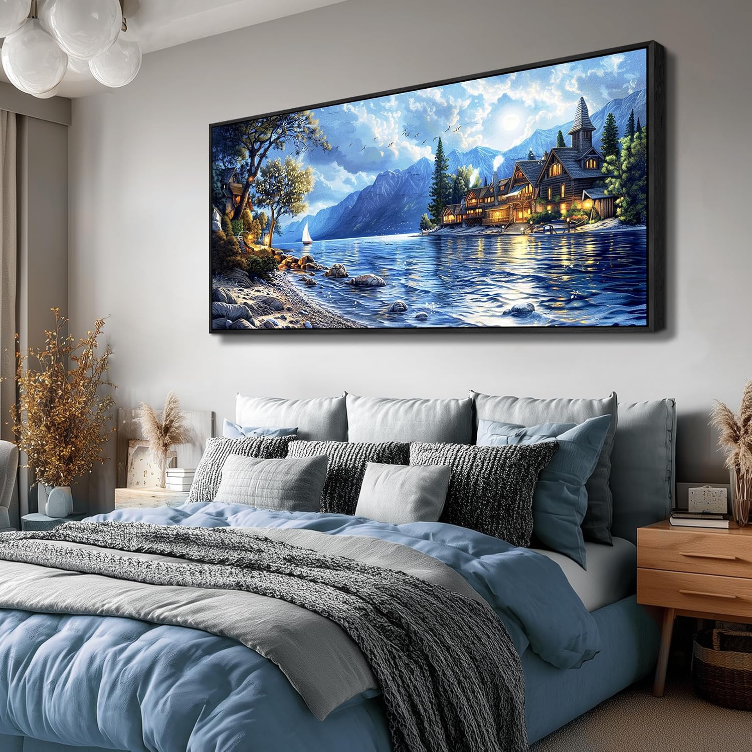 XIGUANGART Coastal Wall Art Blue Ocean Picture Mountain Wall Decor Lake Beside Countryside Large Canvas Print Art for Living Room Bedroom Home Office Forest Scenery Painting Decoration Framed Artwork