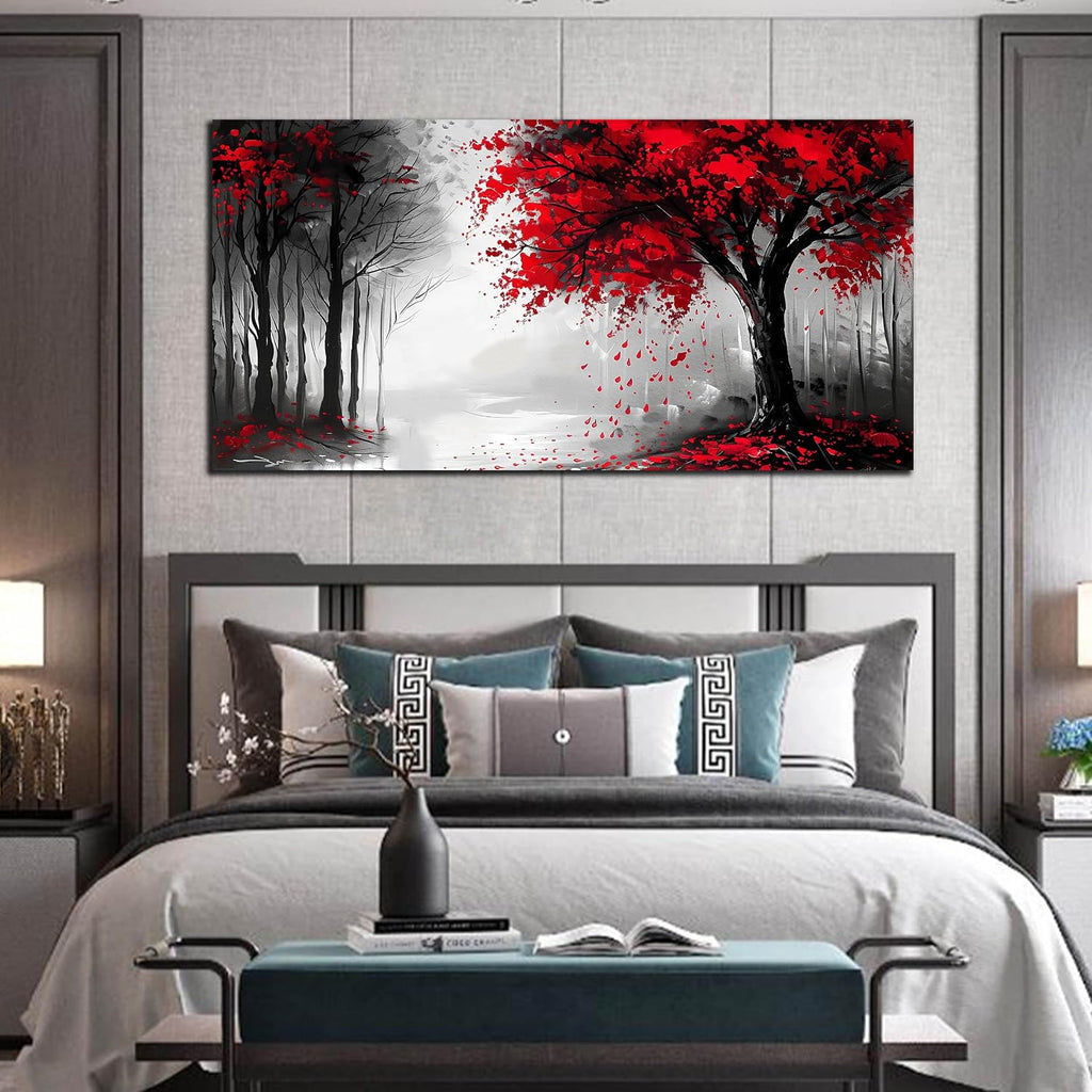 Large Canvas Wall Art for Living Room Black White and Red Forest Print Pictures Painting Framed Wall Decor for Bedroom Modern Home Plant Scenery Wall Decorations Artwork Size 30x60 Ready to Hang