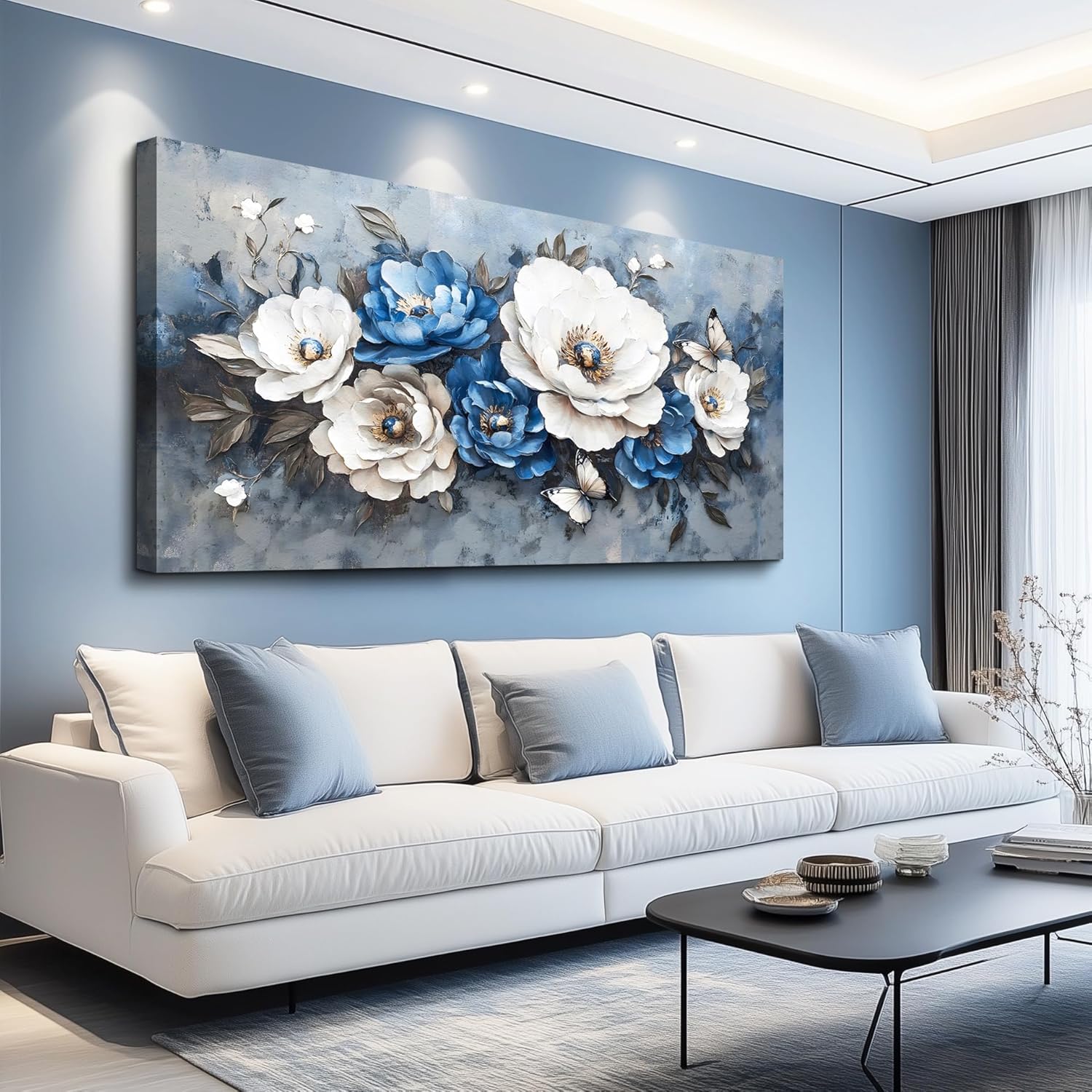 WLWBINTING Large Flower Pictures Wall Decor Vintage Floral Wall Art Floral Canvas Wall Art White Blue Floral Paintings Wall Decor Pictures Farmhouse Wall Art For Living Room Bedroom Office Home Decor