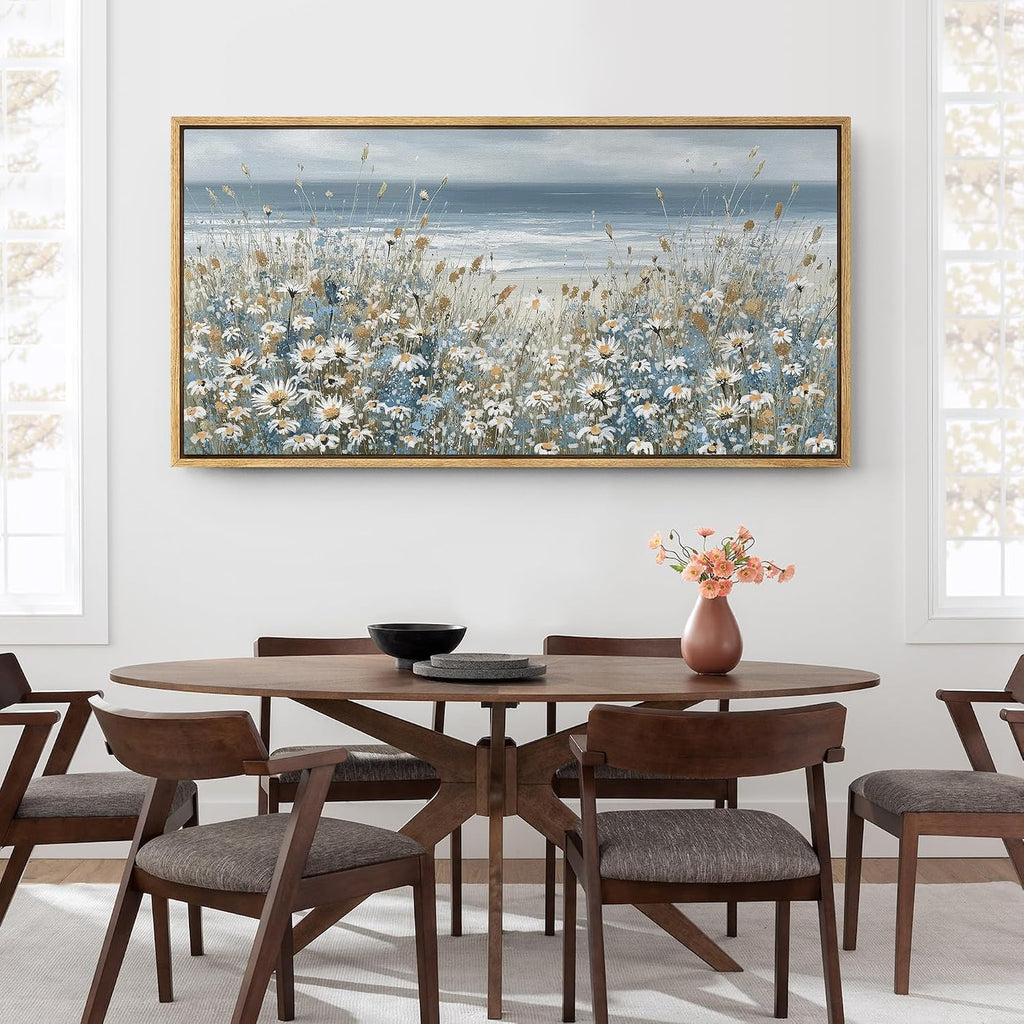SIGNFORD Extra Large Framed Canvas Print Wall Art Coastal Wildflowers Beach Meadow Landscape llustrations Modern Art Relax/Calm Warm for Living Room, Bedroom, Office - 60'x30'