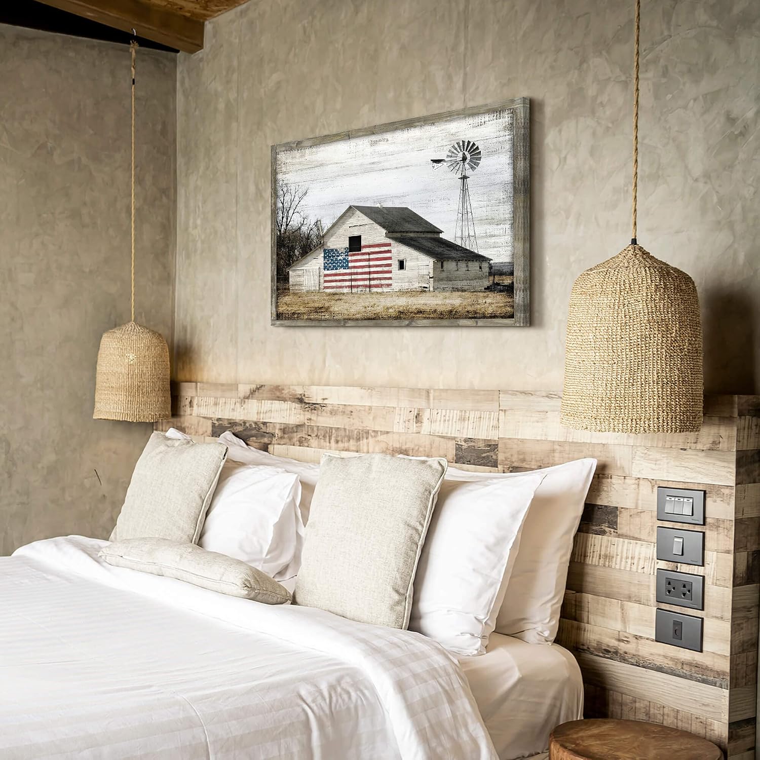 Rustic Landscape Wooden Picture Artwork - Neutral Color Barn with USA Flag Accent Windmill Painting Wall Art Framed