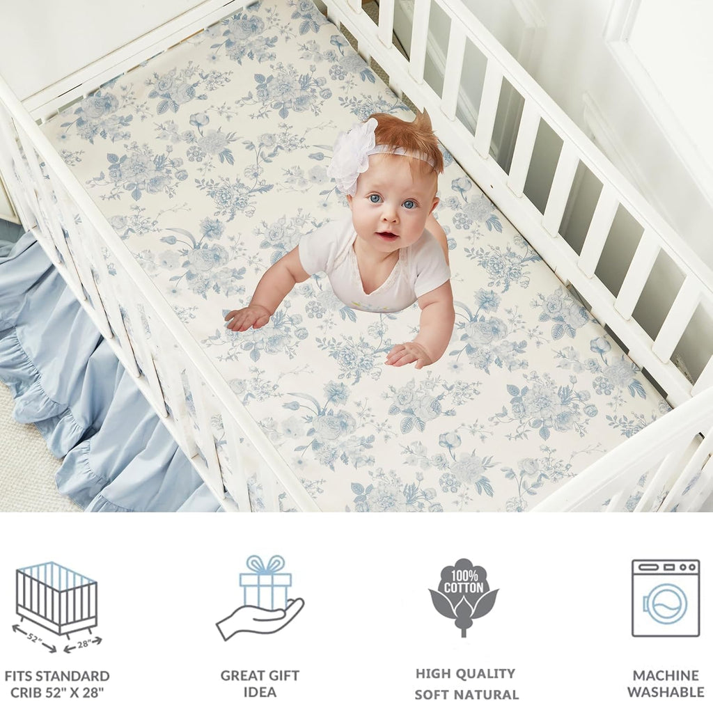 Brandream French Country Toile Crib Bedding Set for Girls Vintage Blue Grandmillennial Toile Floral Print 100% Cotton Baby Girl Nursery Bedding - 3 Pieces Ruffles Quilt,Toile Crib Sheet,Crib Bed Skirt