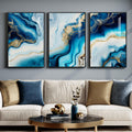 Large Framed Modern Elegant Abstract Wall Art for Living Room, 3 Piece Contemporary Blue and Gold Bright Prints Paintings Artwork for Walls, Luxury Pictures for Hallway Home Office Wall Decor 24x36 In