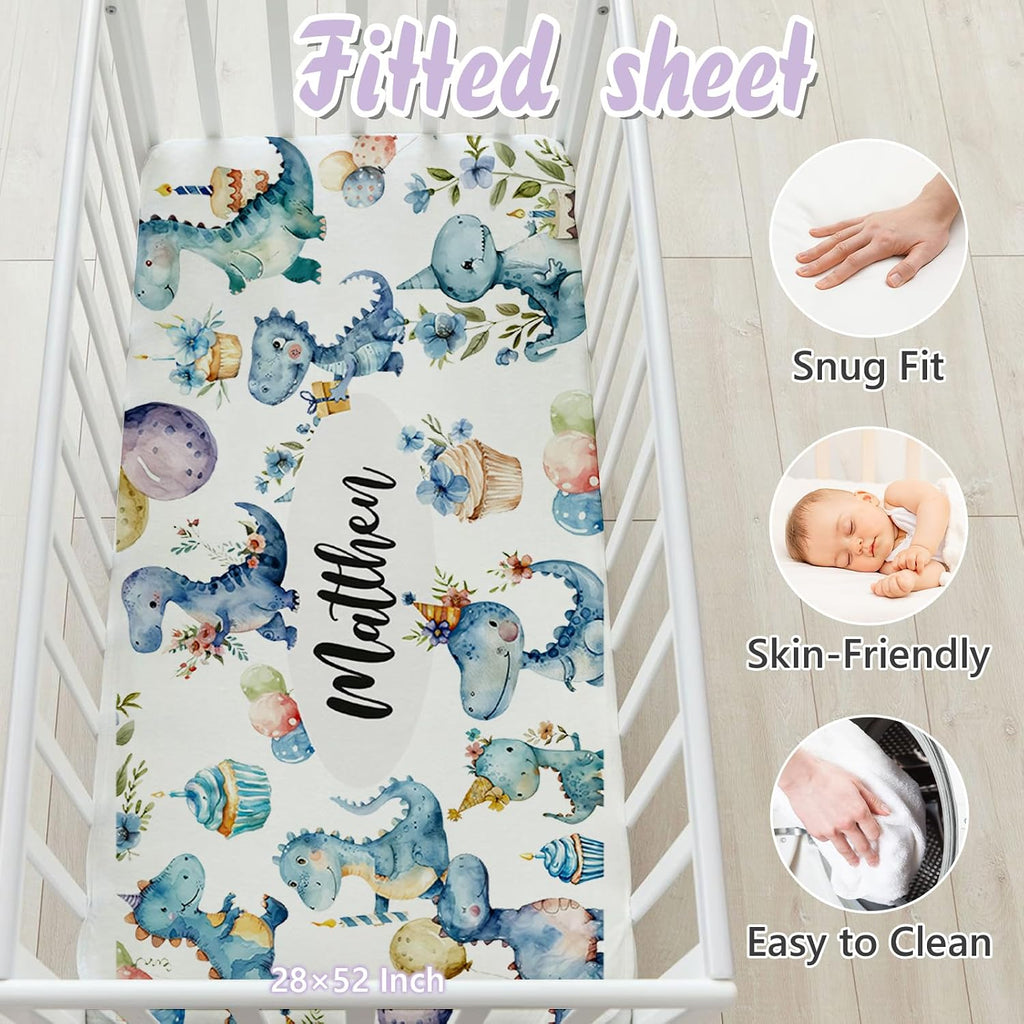 Custom Baby Crib Bedding Set, 5 PCS Personalized Name Baby Crib Sets for Girls Boys, Blue Dinosaur Theme Nursery Bedding Sets for Infant Toddler, Double Layer Flannel Bed Set Customized Gifts