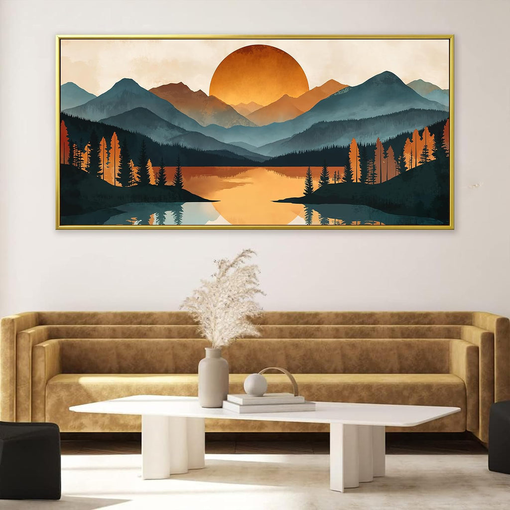 Colorful Mountain Boho Wall Art For Living Room Large Gold Framed Wall Art Canvas Art Wall Decor For Office Modern Bedroom Forest River Landscape Pictures Paintings Artwork 29 X 58 In