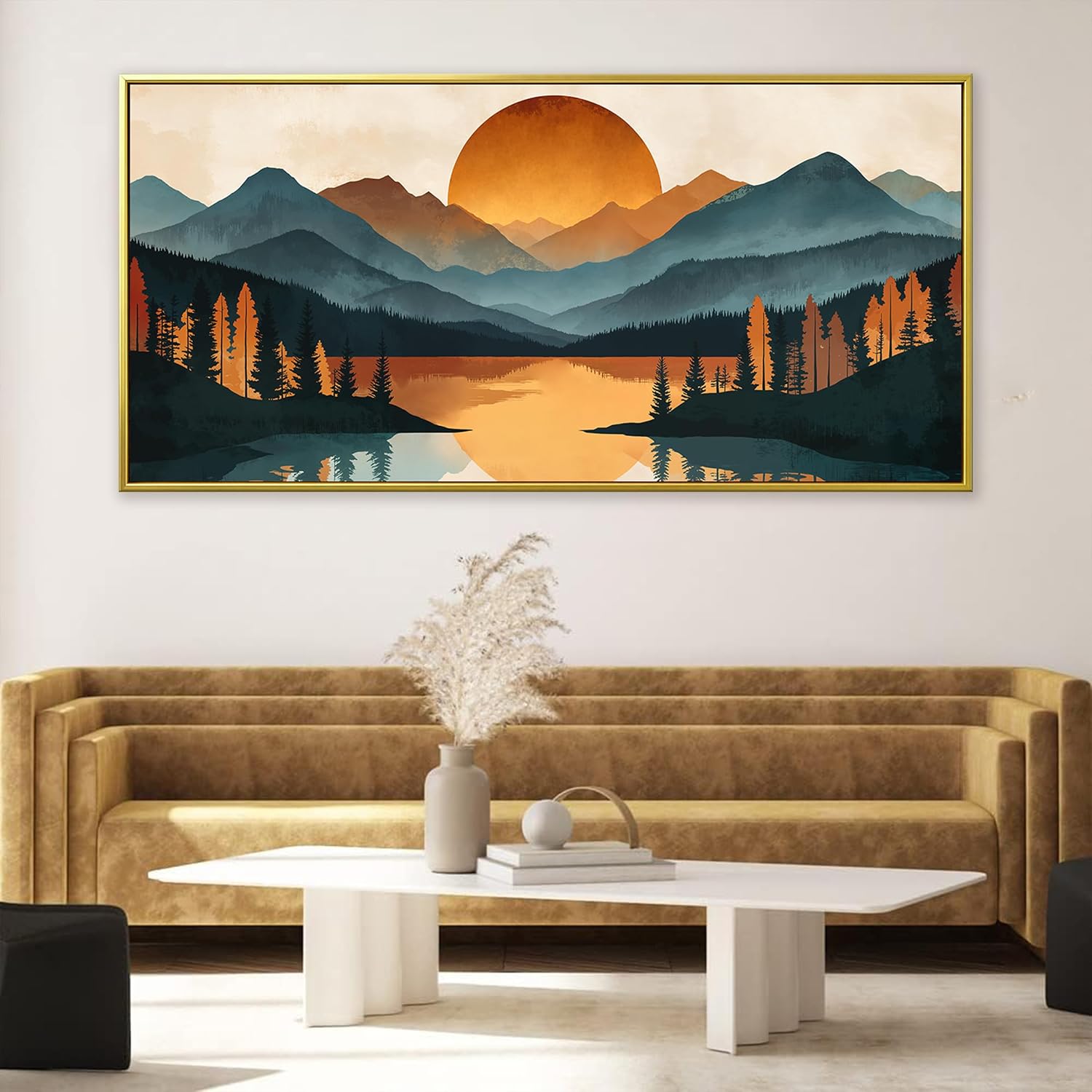 Colorful Mountain Boho Wall Art For Living Room Large Gold Framed Wall Art Canvas Art Wall Decor For Office Modern Bedroom Forest River Landscape Pictures Paintings Artwork 29 X 58 In