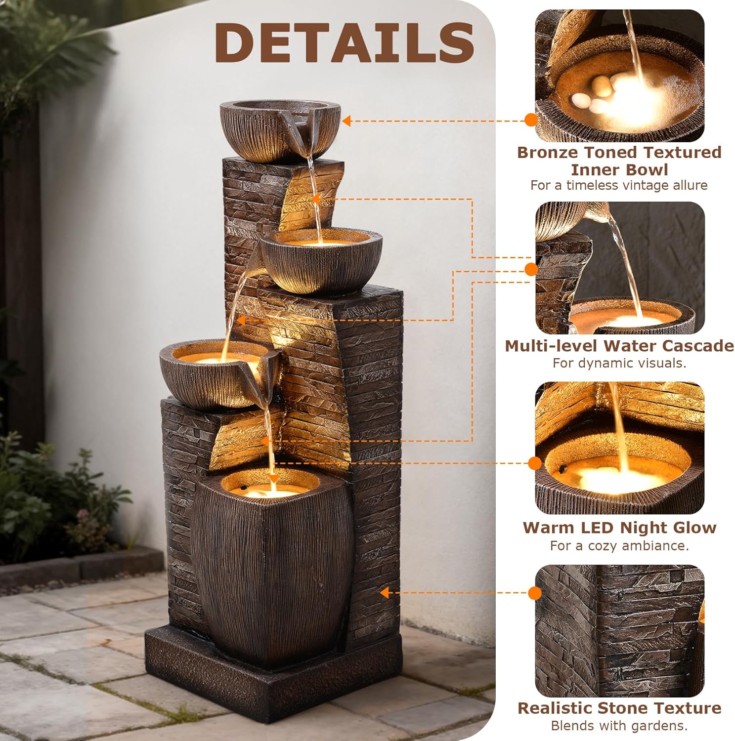 38.2' Tall Water Fountain Outdoor Garden,4 Tiers Modern Cascading Bowls and Stacked Stones Indoor Fountains with LED Lights for Patio, Deck, Porch, Backyard and Home Art Decor(Reddish-Brown