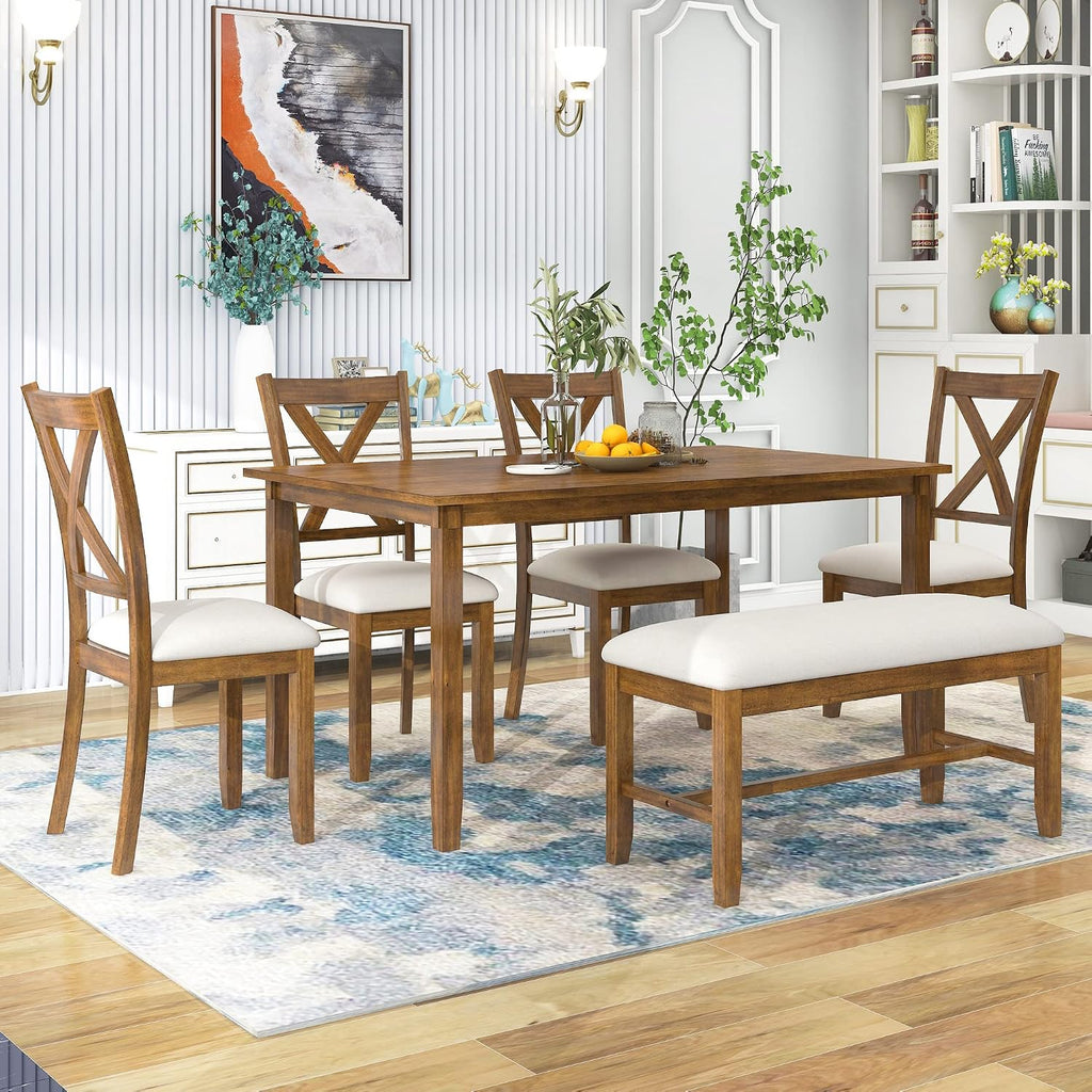6-Piece Dining Room Table Set, Rustic Farmhouse Wood Dining Table Set with Rectangular Table 4 Upholstered Padded Chairs and 1 Padded Bench, Dining Set for Family of 4-6 People