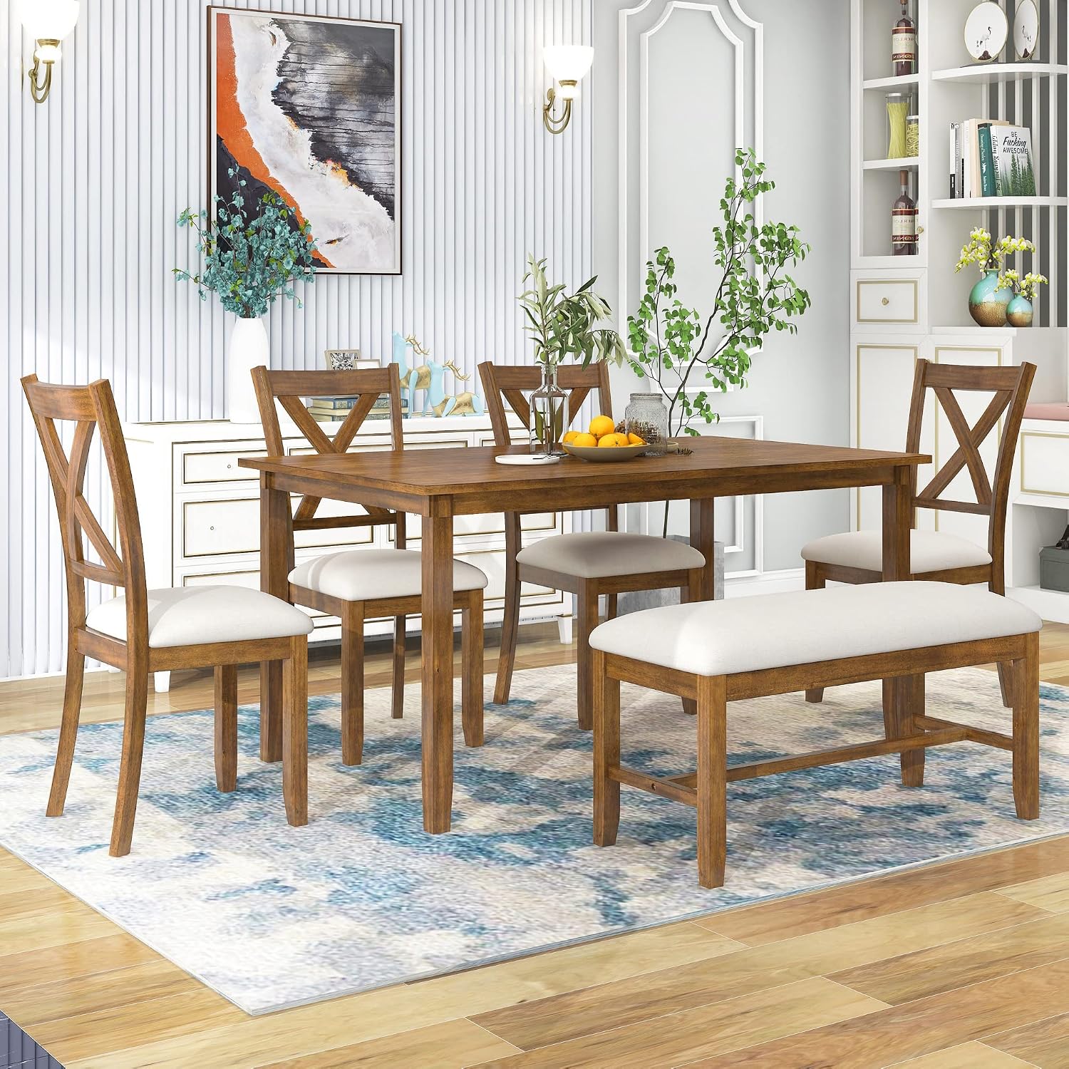 6-Piece Dining Room Table Set, Rustic Farmhouse Wood Dining Table Set with Rectangular Table 4 Upholstered Padded Chairs and 1 Padded Bench, Dining Set for Family of 4-6 People