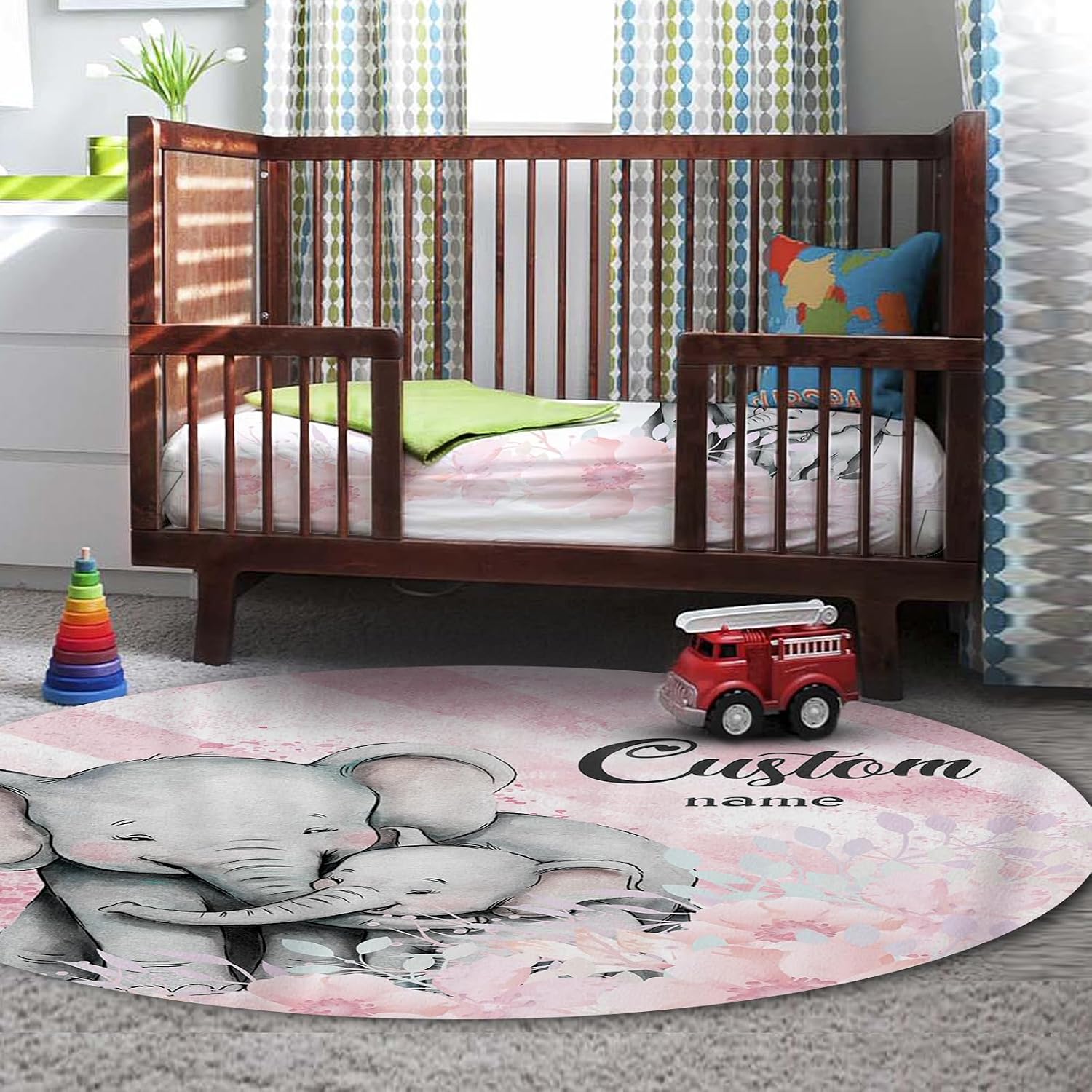 Personalized Baby Crib Bedding Set for Baby Girls, Pink Elephant Design Custom Name Baby Crib Sets 5-Pcs, Toddler Double Layer Blanket Fitted Sheets Changing Pad Cover Rug Wall Art Set