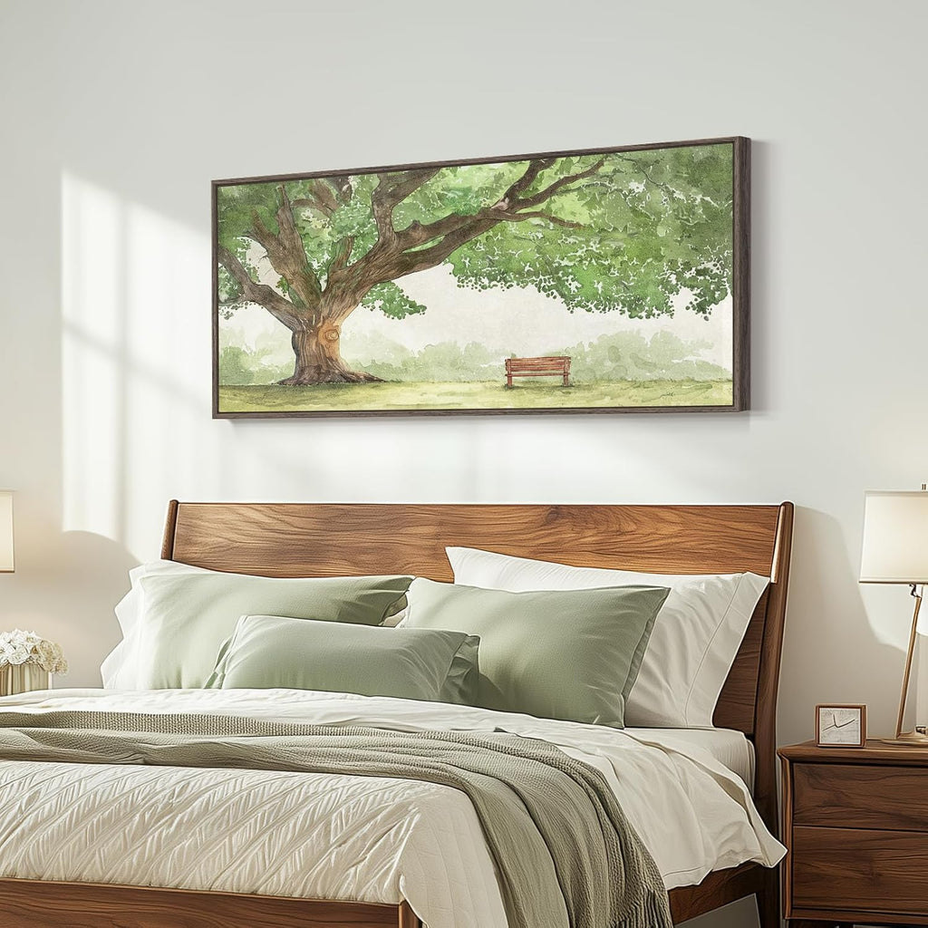 Extra Large Framed Landscape Canvas Wall Art for Living Room - Contemporary Big Tree Shade Sage Green Painting with Park Bench, Nature Artwork Prints for Bedroom Home Office Nursery Hallway 30x60 Inch