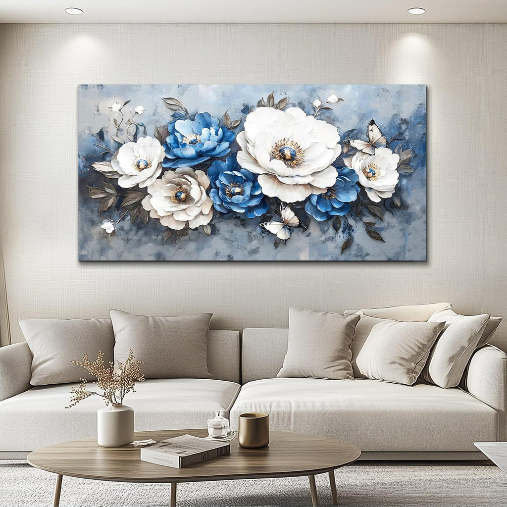 WLWBINTING Large Flower Pictures Wall Decor Vintage Floral Wall Art Floral Canvas Wall Art White Blue Floral Paintings Wall Decor Pictures Farmhouse Wall Art For Living Room Bedroom Office Home Decor