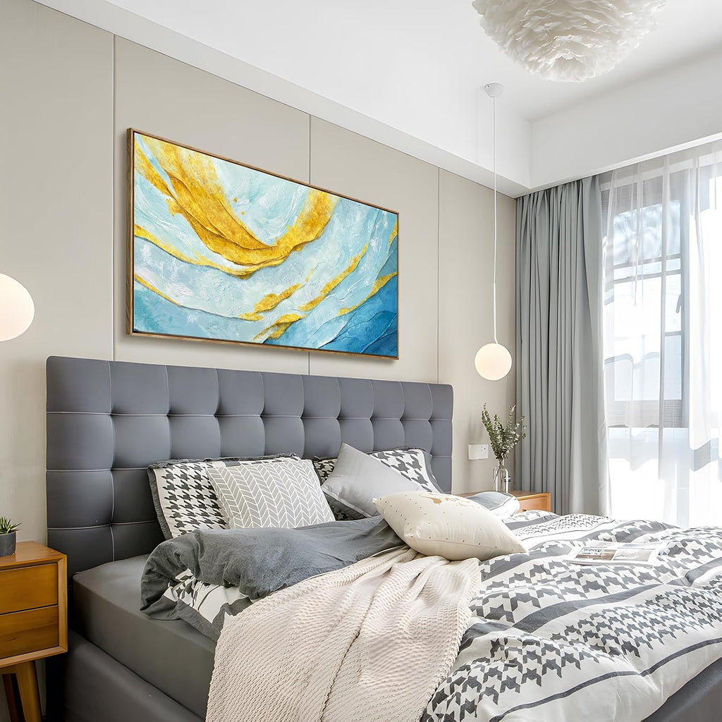Nicetop Framed Abstract Wall Art for Living Room– Large Size Coastal Canvas Print Modern Picture Horizontal Blue and Gold Artwork with Wood Frame for Bedroom Home Office Aesthetic Decor 48x24 Inch