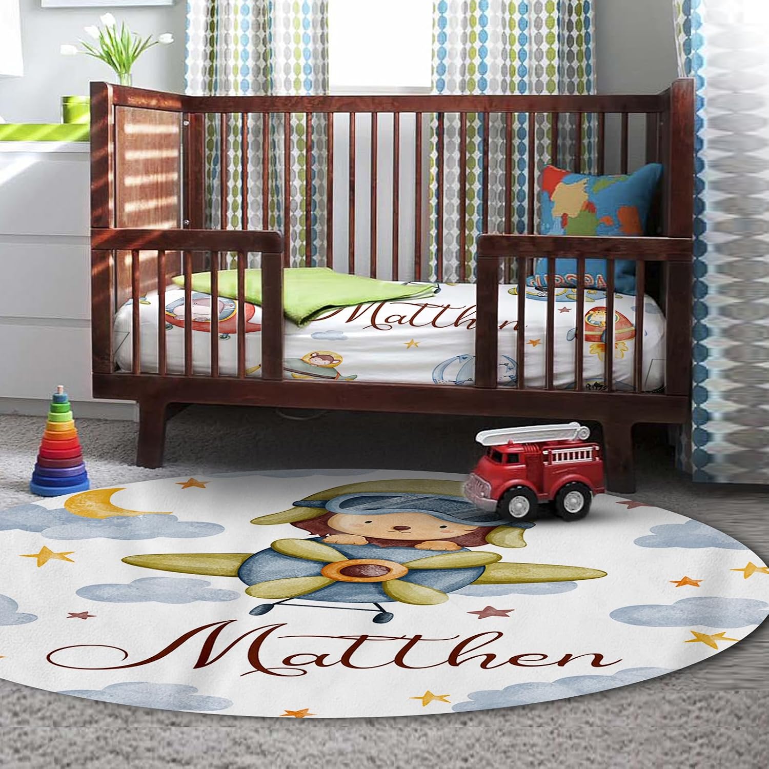 Personalized Crib Bedding Set for Baby Boys Girls, Custom Name Baby Crib Sets 5-Pcs - Toddler Double Layer Blanket Fitted Sheet Changing Pad Cover Rug Wall Art Set, Balloon Clouds Theme Nursery Décor