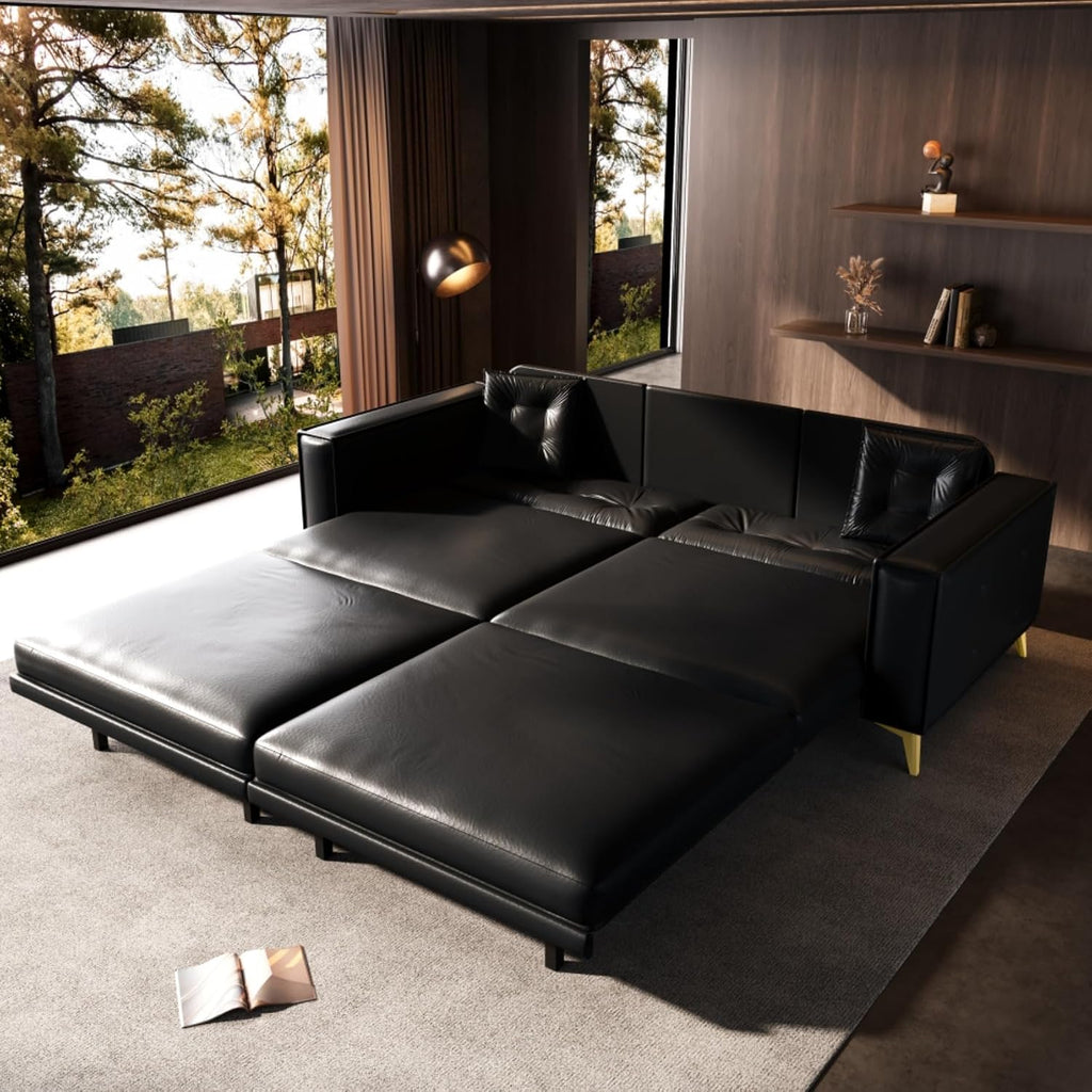 92.1' Chesterfield 3 Seater Pull Out Sofa Bed King Size with 2 Pillows and Golden Legs, PU Leather 3-in-1 Convertible Sleeper Cloud Couch with Tufted Backrest, Black