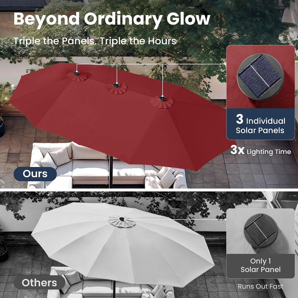 PHI VILLA 15ft Large Patio Umbrellas with 36 LED Solar Lights, Double-Sided Outdoor Market Rectangle Umbrellas, Base (Stand) Included, Dark Red