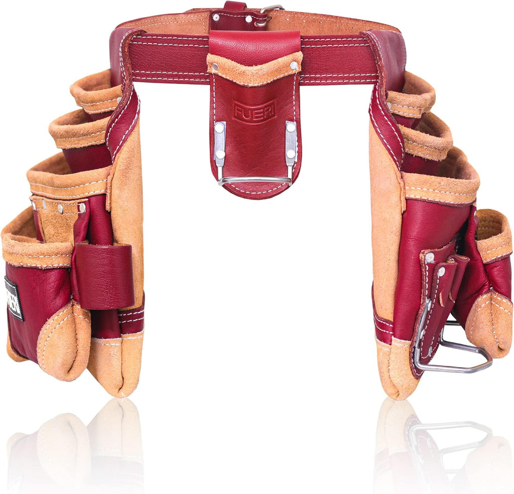FUERI Leather Tool Belt for Men, 16 Pocket Pro Framing Combo Comes with Heavy Duty Tools Pouches, Triple Hammer holder, Adjustable Padded Belt, and 4 Suspender Loops for Electrician and carpenter's