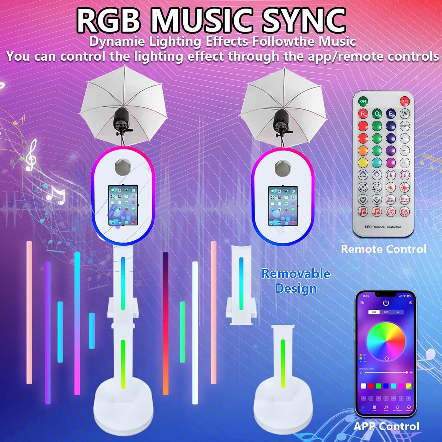 Portable Photo Booth with Flashlight Compatible with ipad,Remote or APP Control,Music Sync,Supports Connection of Camera and Printer (White, Machine+Camera)
