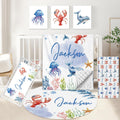 KAINSY Custom Crib Bedding Set 5 Pcs for Girls Boys – Personalized Blue Ocean Animals Theme, Newborn Sleep Set, Nursery Decor, Toddler Room Essentials, Infant Sleep, Baby Room Accessories, Baby Gift