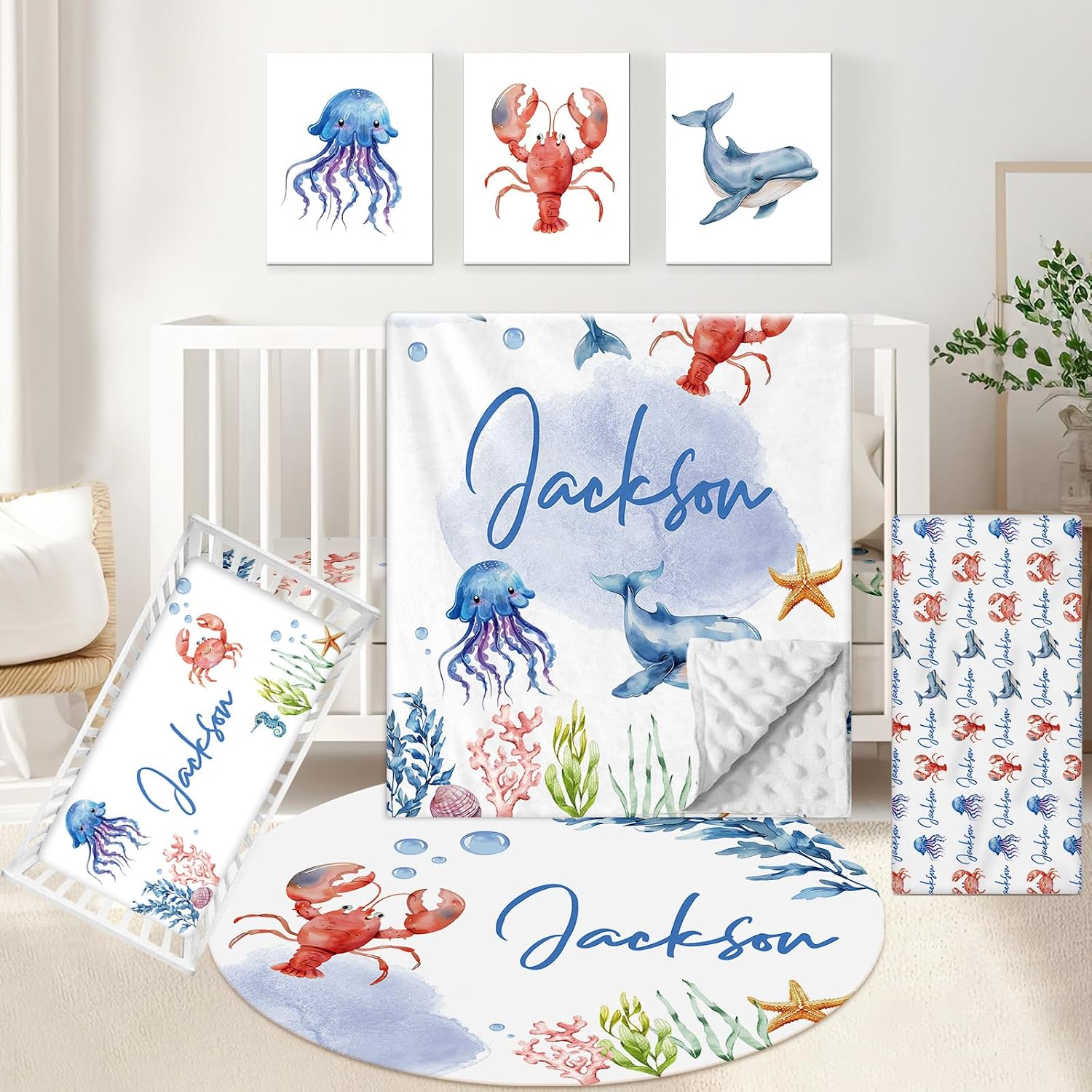 KAINSY Custom Crib Bedding Set 5 Pcs for Girls Boys – Personalized Blue Ocean Animals Theme, Newborn Sleep Set, Nursery Decor, Toddler Room Essentials, Infant Sleep, Baby Room Accessories, Baby Gift
