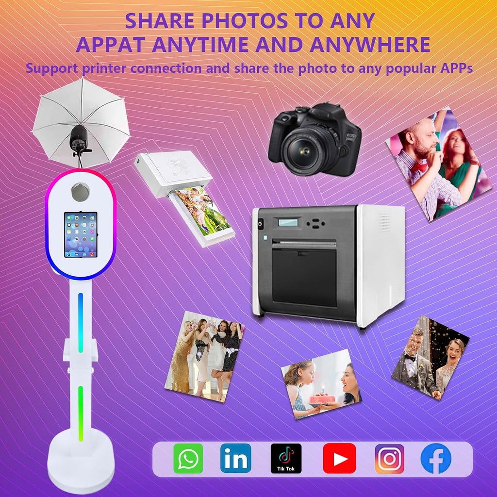 Portable Photo Booth with Flashlight Compatible with ipad,Remote or APP Control,Music Sync,Supports Connection of Camera and Printer (White, Machine+Camera)