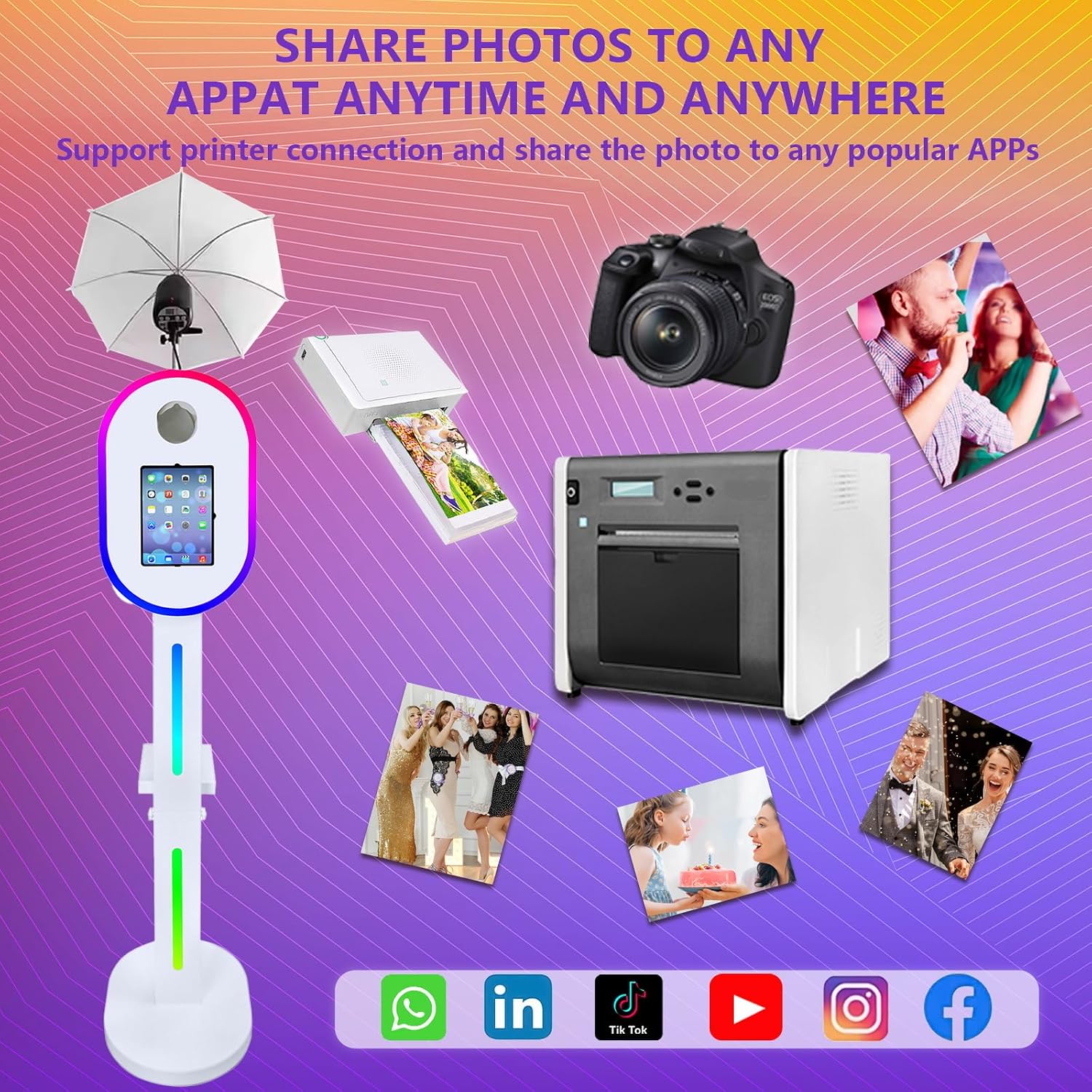 Portable Photo Booth with Flashlight Compatible with ipad,Remote or APP Control,Music Sync,Supports Connection of Camera and Printer (White, Machine+Camera)