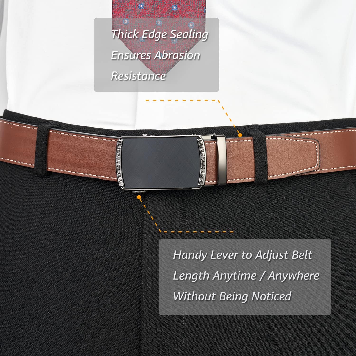 Ratchet Belt for Men, Genuine Leather Adjustable Click Dress Belt with Slide Buckle, Trim to Fit, Gift Box Included