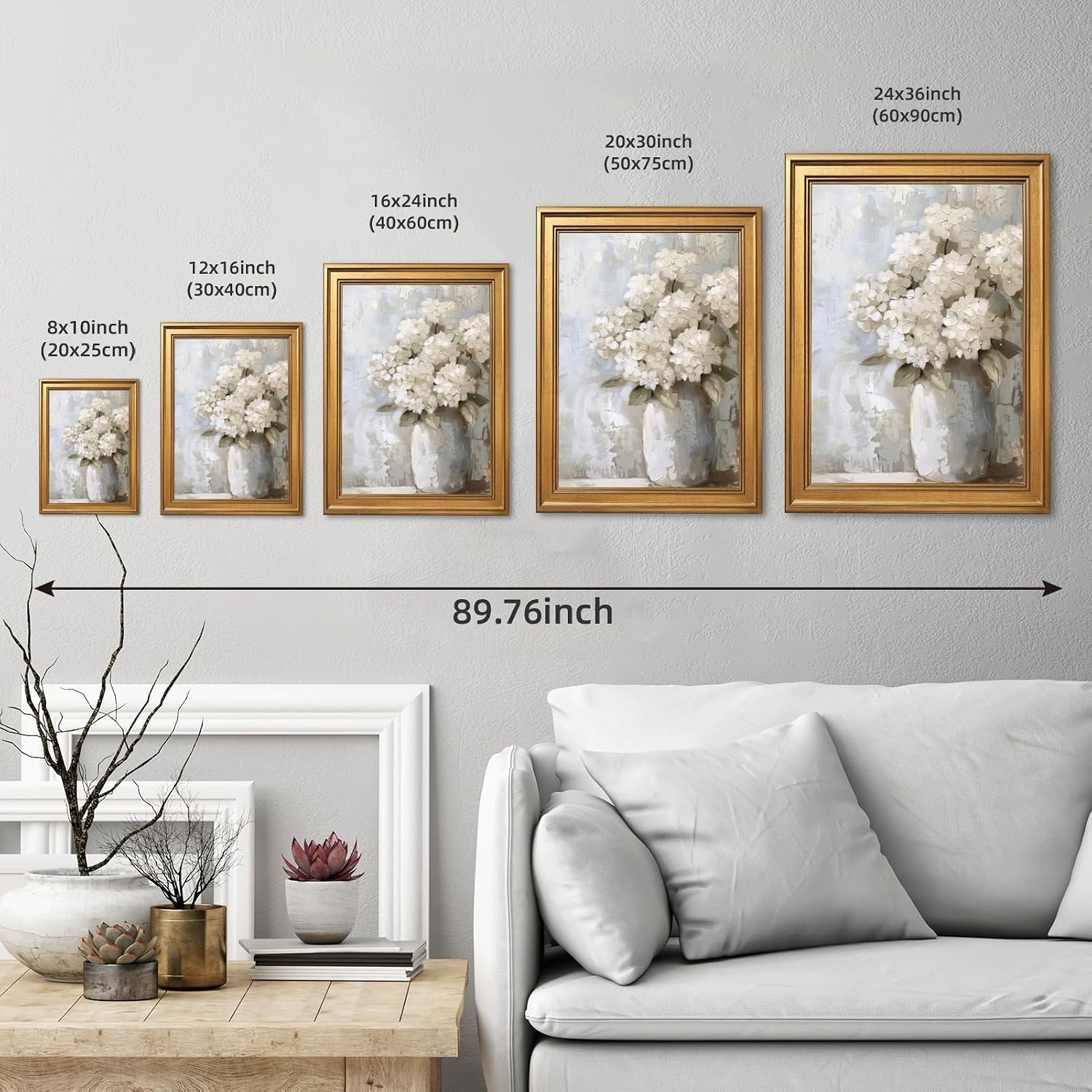 Gold Framed White Hydrangea Wall Art Print Retro Moody Antique Botanical Floral Canvas Poster Vintage Impasto Flowers Oil Painting Picture Artwork Farmhouse French Country Home Decor 20x30inch