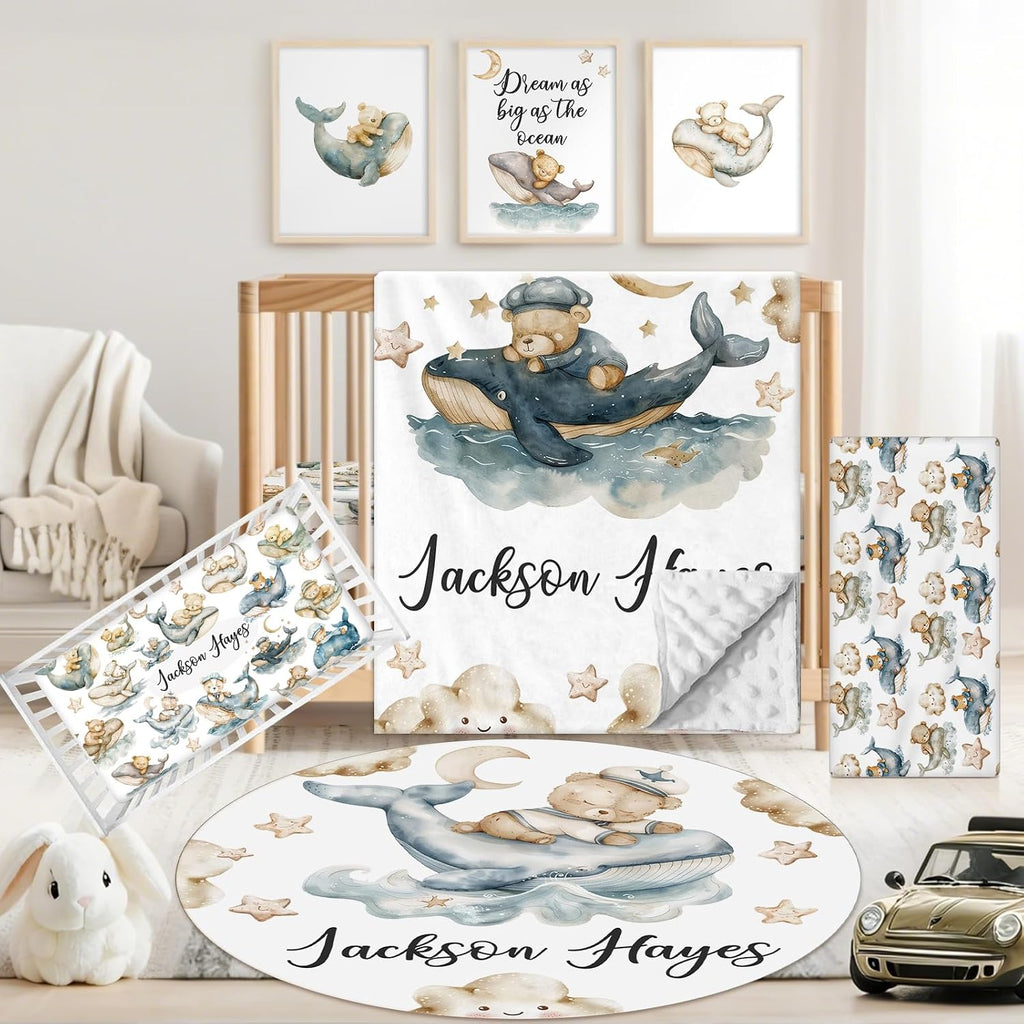 Custom Baby Crib Bedding Set, 5 PCS Personalized Name Baby Crib Sets for Girls Boys, Sleeping Bear Theme Nursery Bedding Sets for Infant Toddler, Double Layer Flannel Bed Set Customized Gifts