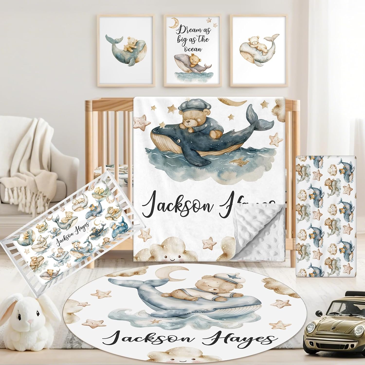 Custom Baby Crib Bedding Set, 5 PCS Personalized Name Baby Crib Sets for Girls Boys, Sleeping Bear Theme Nursery Bedding Sets for Infant Toddler, Double Layer Flannel Bed Set Customized Gifts