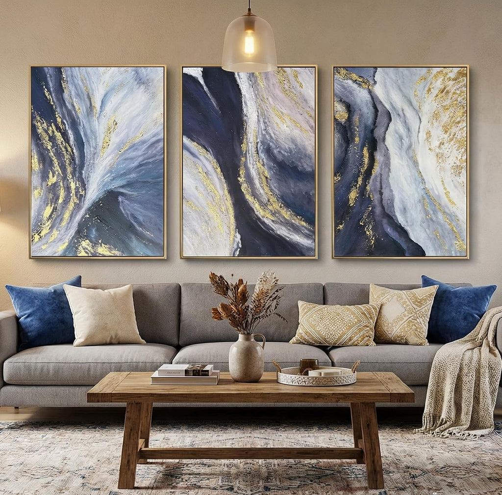 3 Piece Abstract Wall Art for Living Room, Blue and Gold Fluid Art Canvas Painting with Gold Frame for Office, Modern Luxury Wall Decor for Bedroom Ready to Hang 72x36 inches