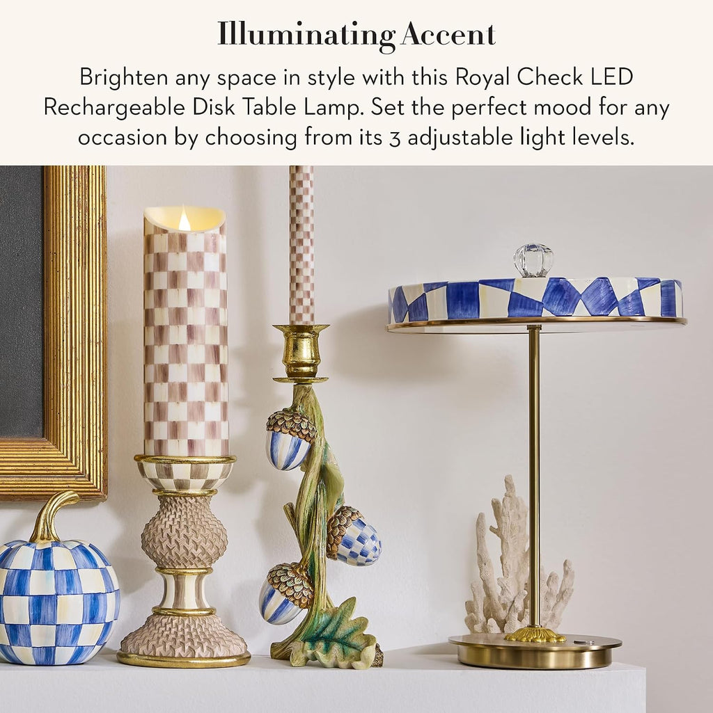 MACKENZIE-CHILDS LED Rechargeable Disk Table Lamp, Cordless Touch Lamp, Blue-and-White Royal Check