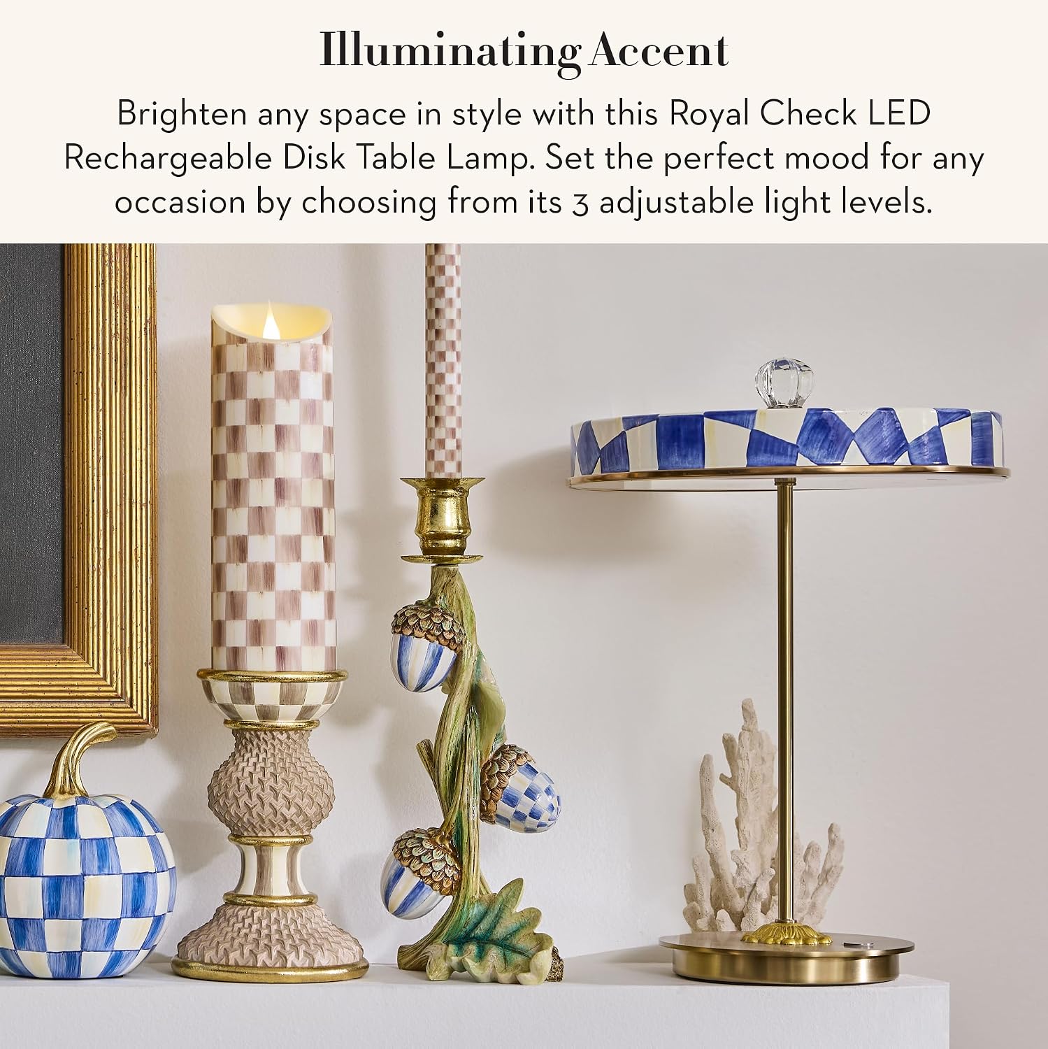 MACKENZIE-CHILDS LED Rechargeable Disk Table Lamp, Cordless Touch Lamp, Blue-and-White Royal Check