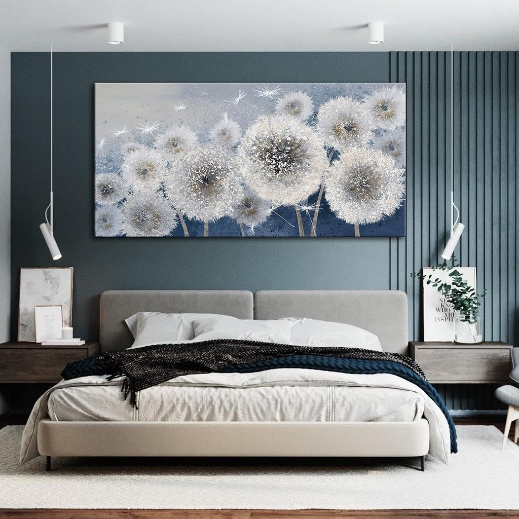 Pogusmavi Dandelion Wall Art for Living Room - Large Artwork for Wall, Blue Canvas Pictures Wall Decor, Modern Prints for Bedroom Wall Art 29×58IN
