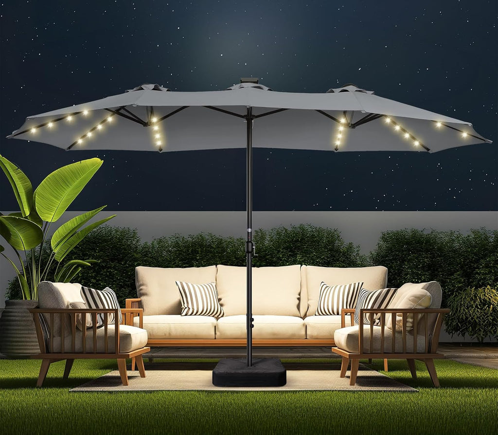 HOMSHADE Double Sided Patio Umbrellas - 15ft Solar Lights LED Lighted Outdoor Extra Large Market Table Umbrella with Base Included, Oversized Umbrella for Deck, Pool, Backyard