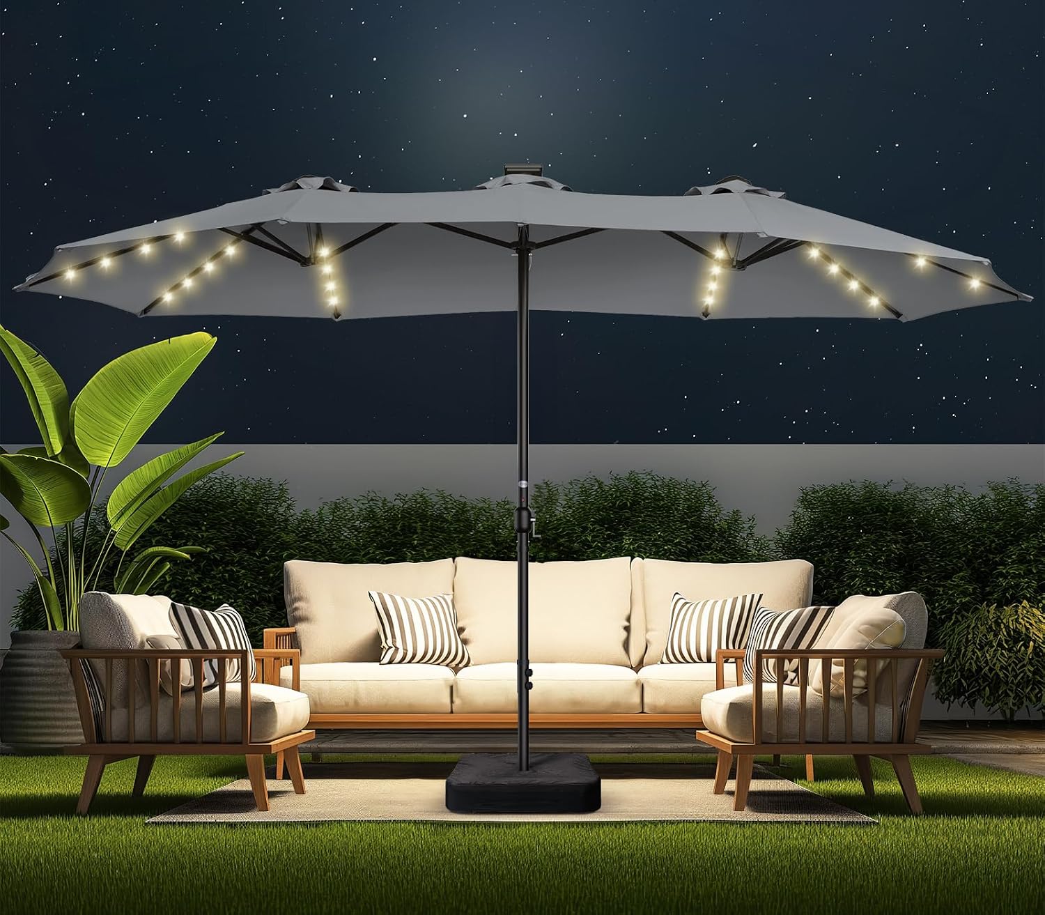 HOMSHADE Double Sided Patio Umbrellas - 15ft Solar Lights LED Lighted Outdoor Extra Large Market Table Umbrella with Base Included, Oversized Umbrella for Deck, Pool, Backyard