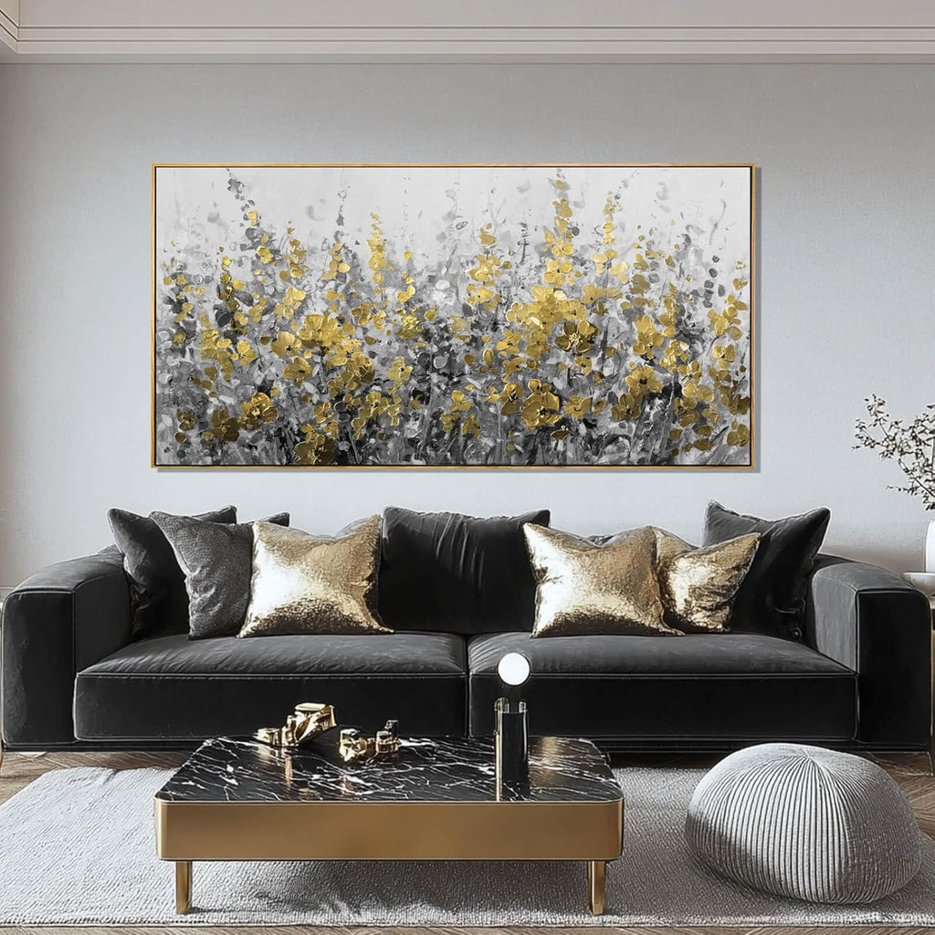 Framed Gold and Grey Abstract Flower Canvas Wall Art 24x48 Inch Textured Floral Painting Modern Decorative Artwork for Living Room Bedroom Office