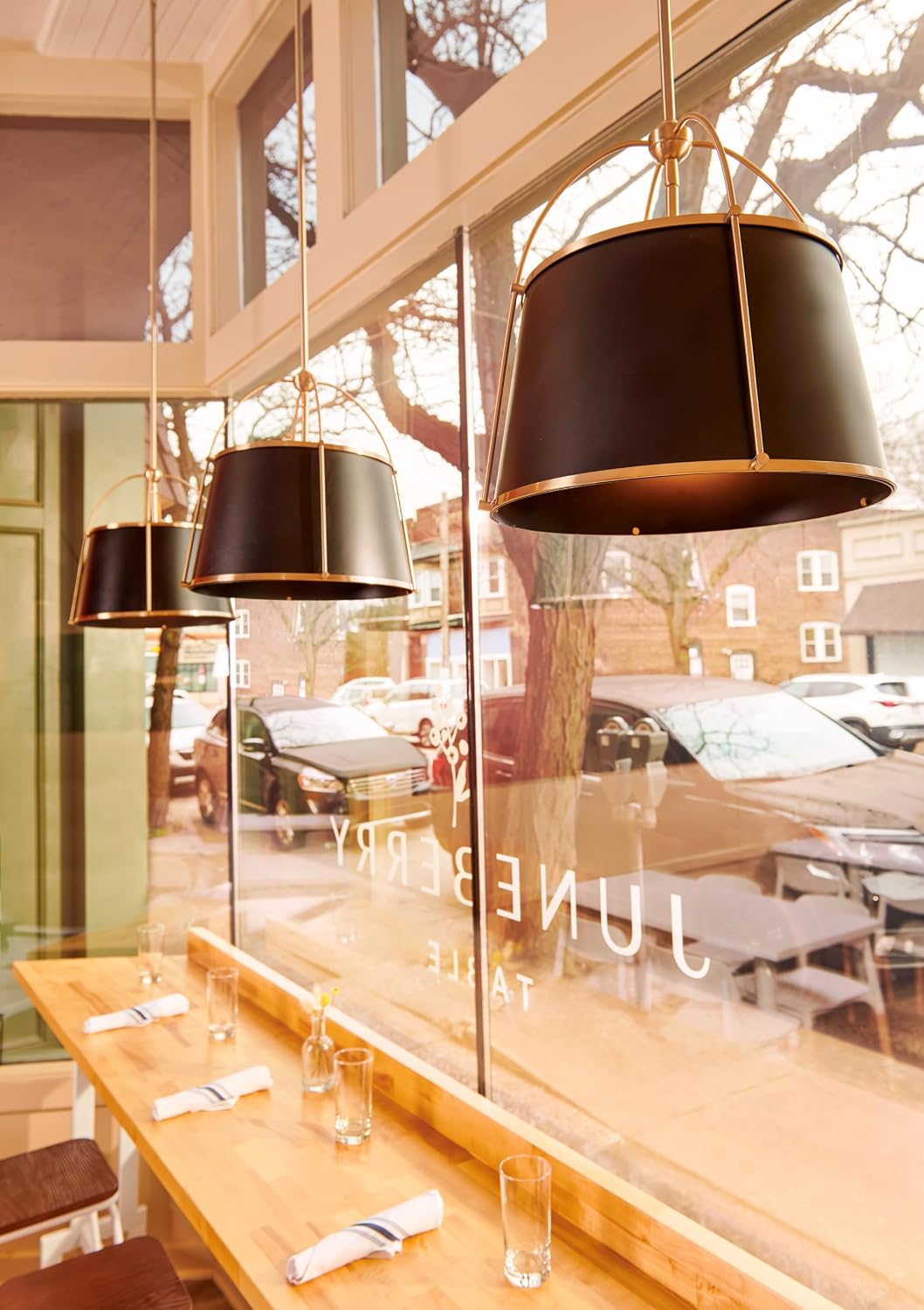 Hinkley Clarke Large Drum Pendant, Black Metal Shade, 1-6' and 2-12' Down Rods, Even or Sloped Ceilings, Warm Brass Finish