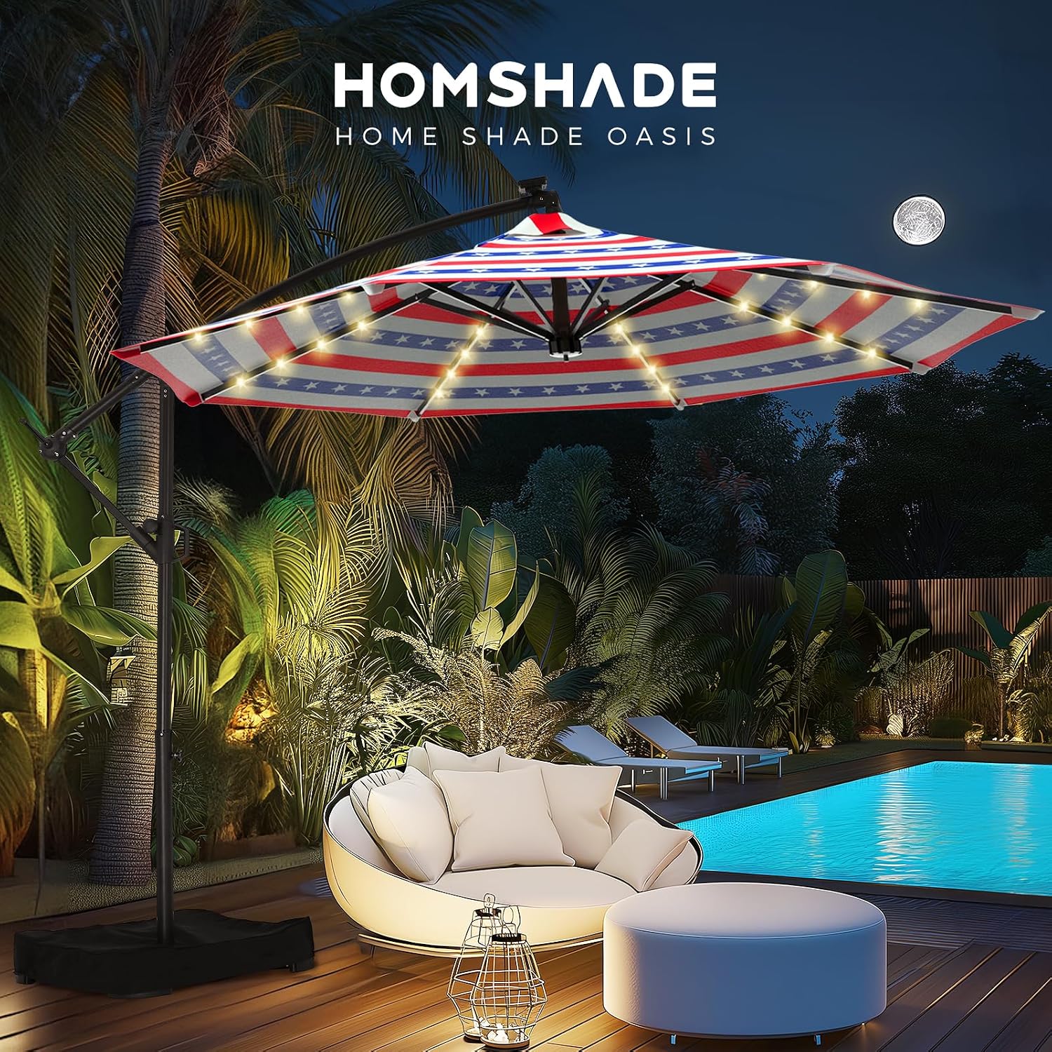 10ft Solar LED Cantilever Patio Umbrella, Stars and Stripes Patriotic Design Offset Outdoor Umbrella, Large Red White Blue Sun Shading with Base, Flag-Themed Decor for 4th of July, Memorial Day