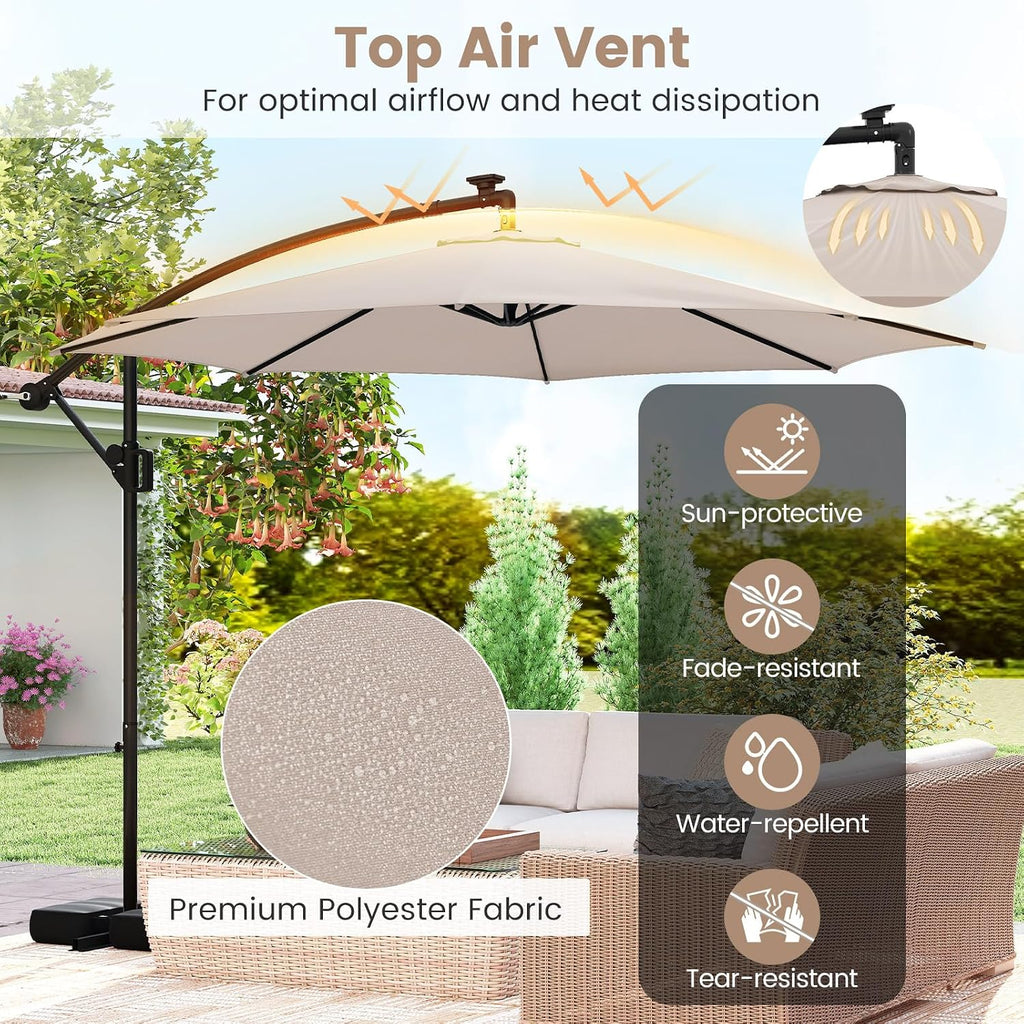 Tangkula 10 FT Solar Patio Umbrella with Base Included, Cantilever Offset Hanging Outdoor Umbrella with 96 Multi-Colored Flowing LED Lights, 9 Modes, Tilt Adjustment, 360° Rotation, Crank for Pool Yard Deck Lawn (Beige)